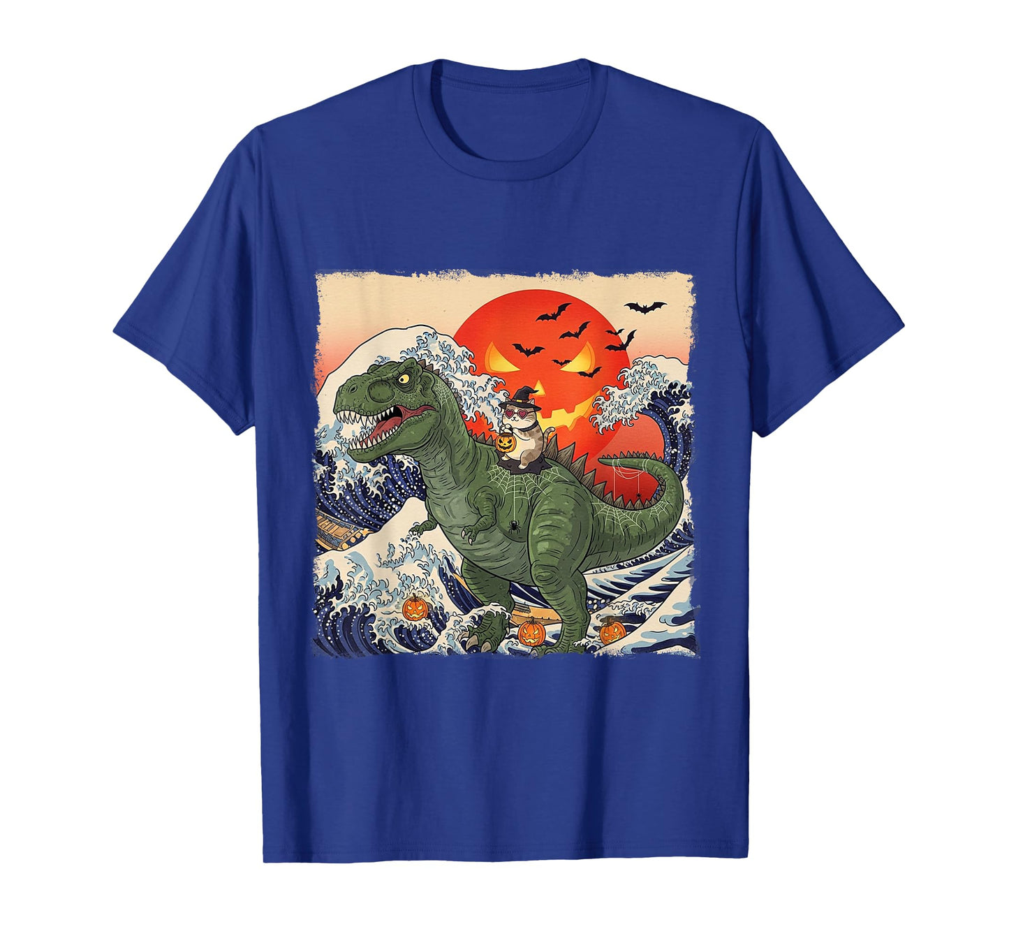 Funny Halloween Witch Cat Riding Dinosaur T-rex Ukiyo-e Wave T-Shirt
