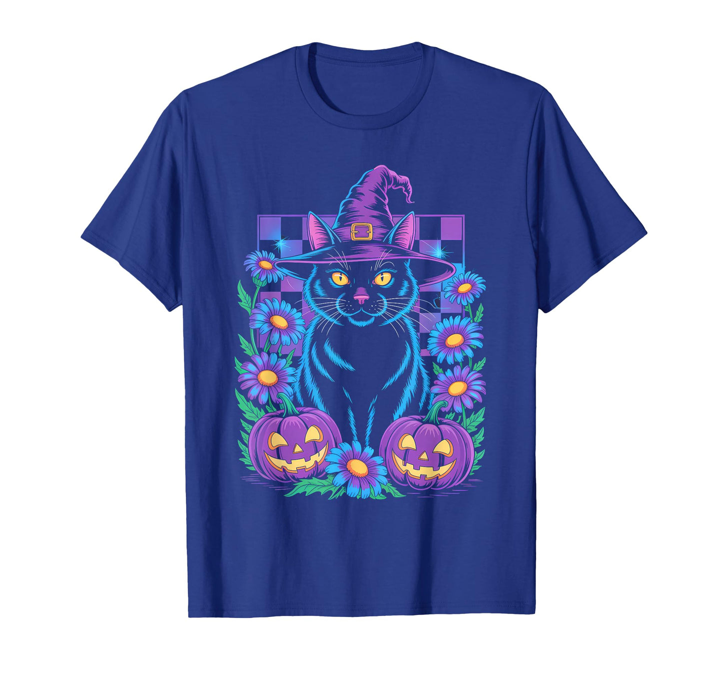 Retro Floral Checkered and Witch Cat with Pumpkins Halloween T-Shirt