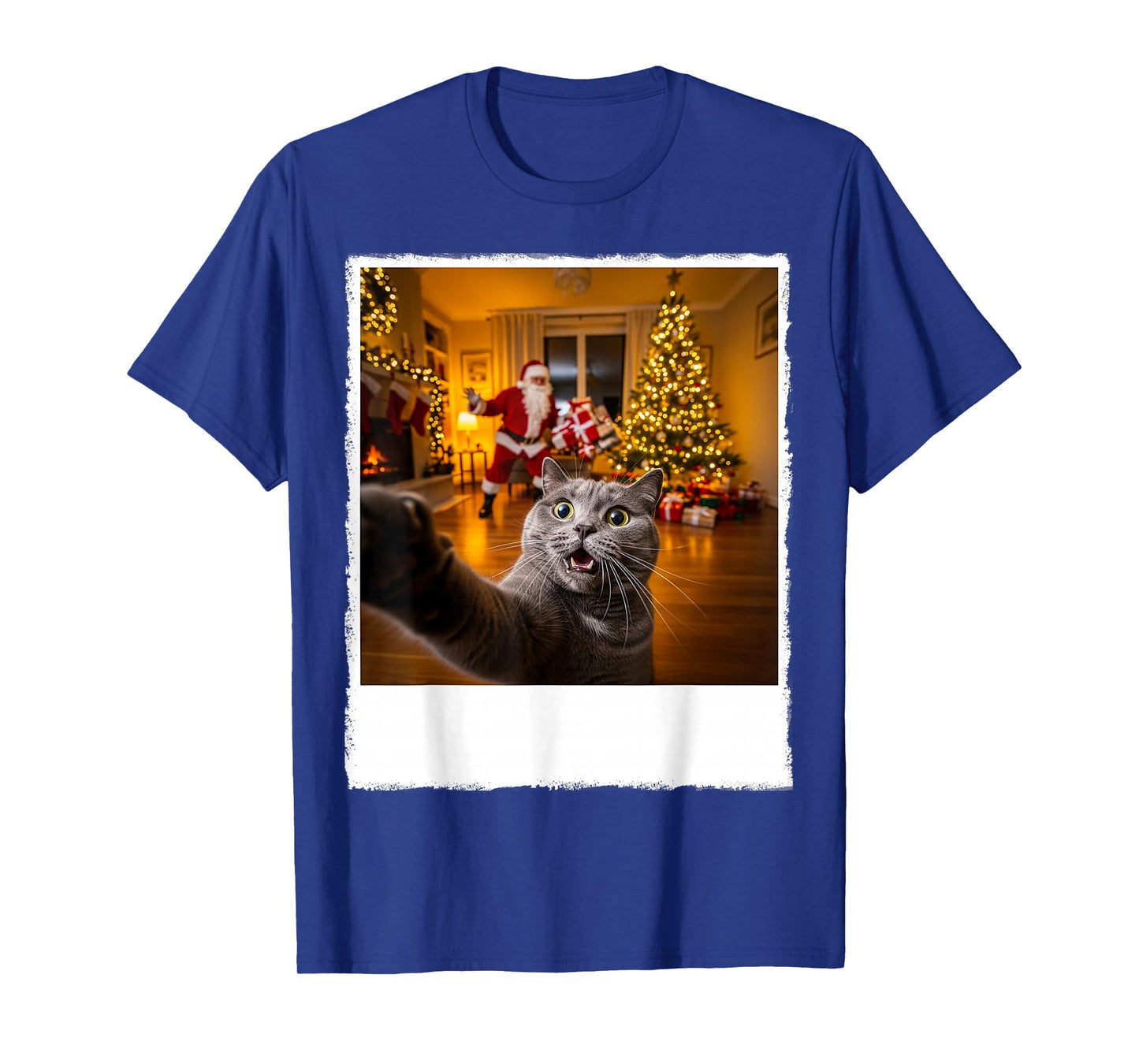 Cute Grey Cat Selfie with Santa Claus Gifts Christmas Tree T-Shirt