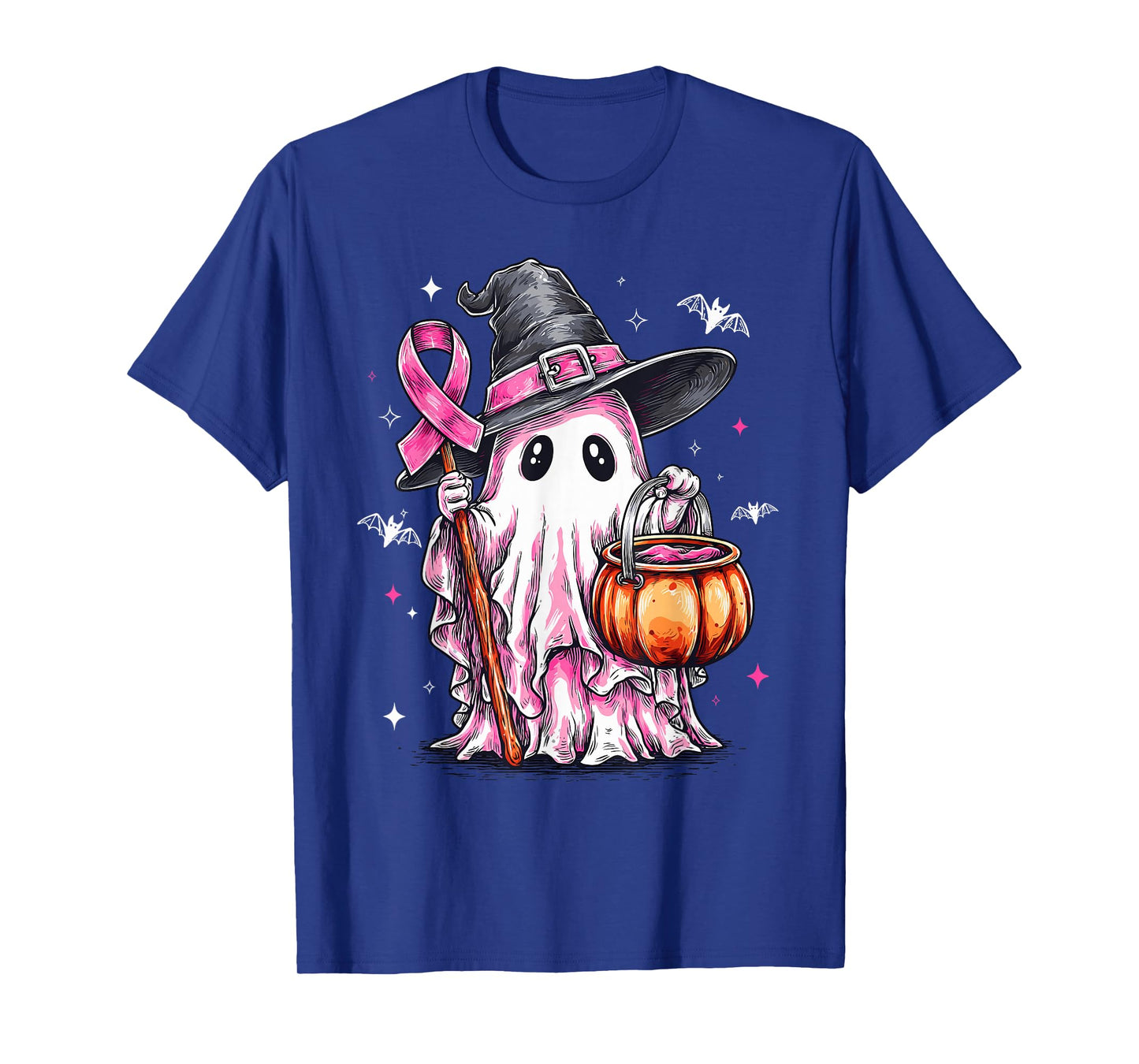 Retro Pink Ghost Witch Halloween Breast Cancer Awareness T-Shirt