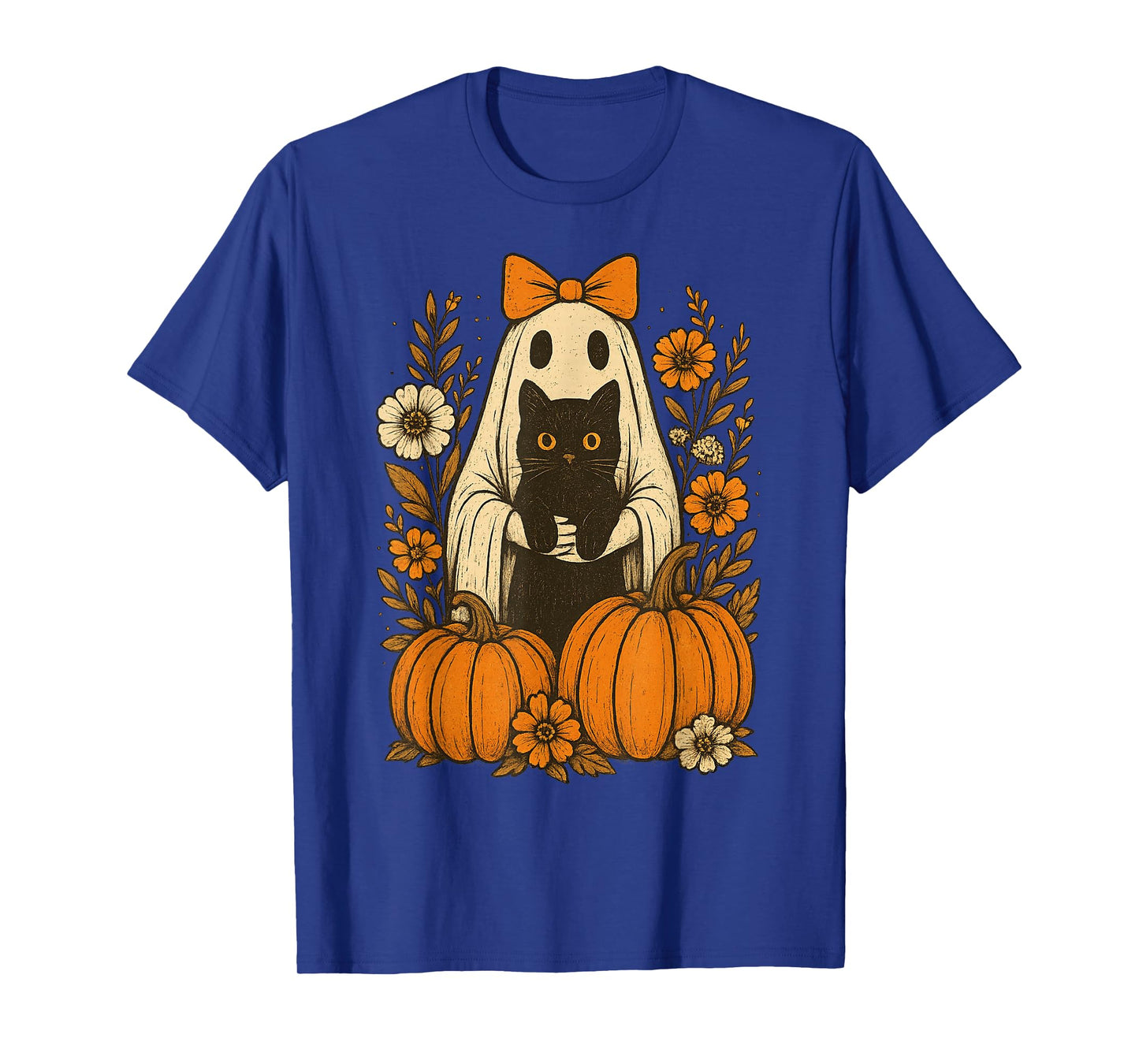 Vintage Halloween Ghost Holding Black Cat Groovy Floral T-Shirt
