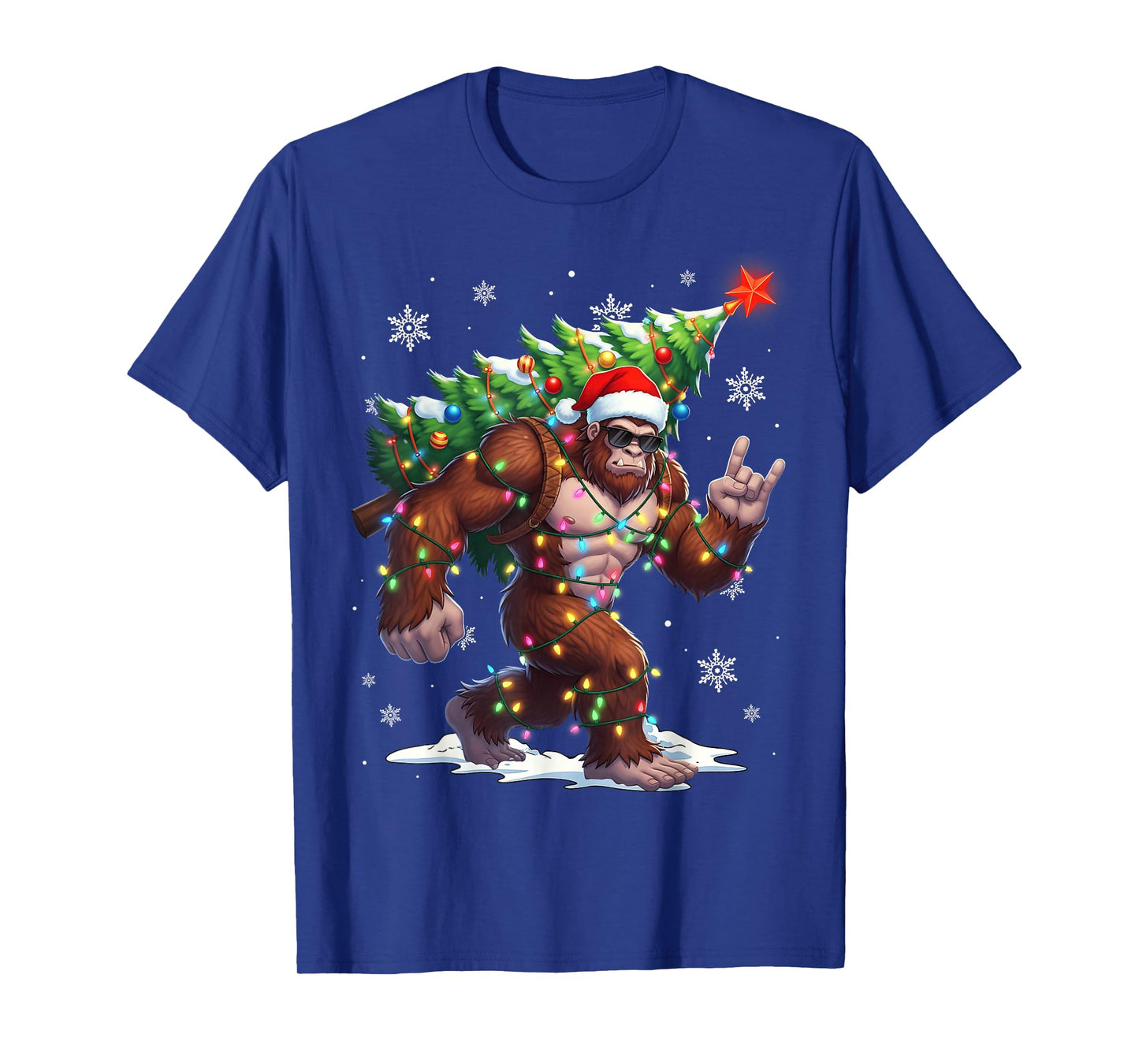 Funny Bigfoot Sasquatch Santa Christmas Tree Xmas Lights T-Shirt