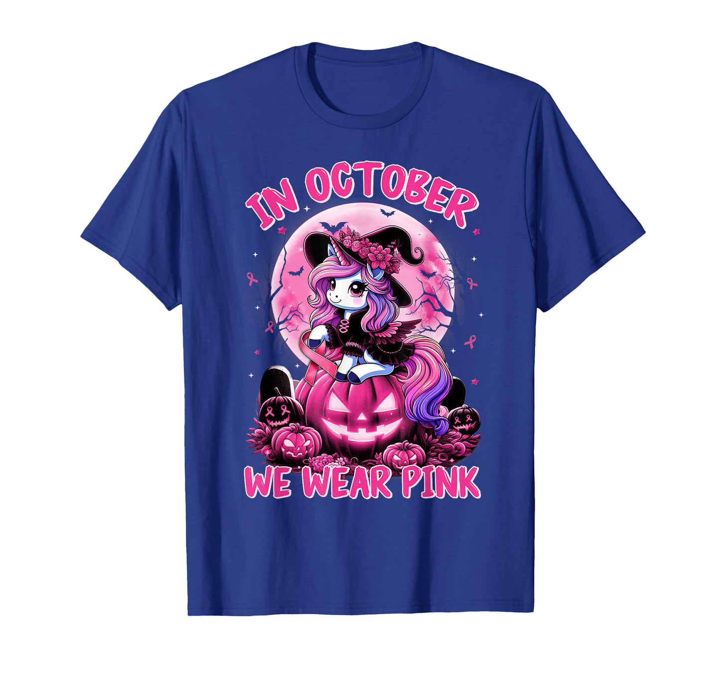 in October Wear Pink Unicorn Witch Breast Cancer Halloween T-Shirt