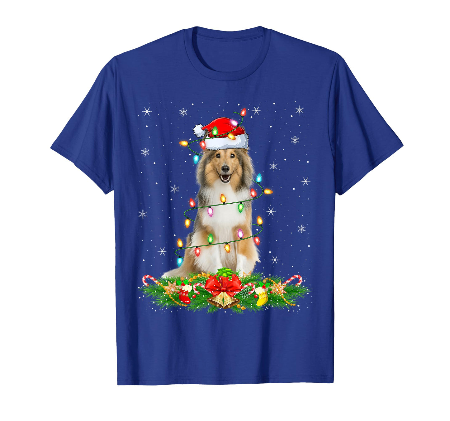 Sheltie Dog Christmas Lights Funny Santa Hat Xmas T-Shirt