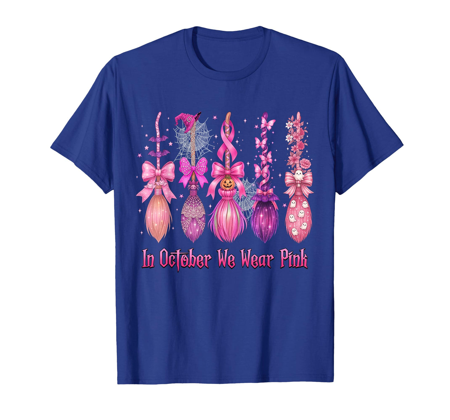 in October We Wear Pink Witch Broom Halloween Breast Cancer T-Shirt