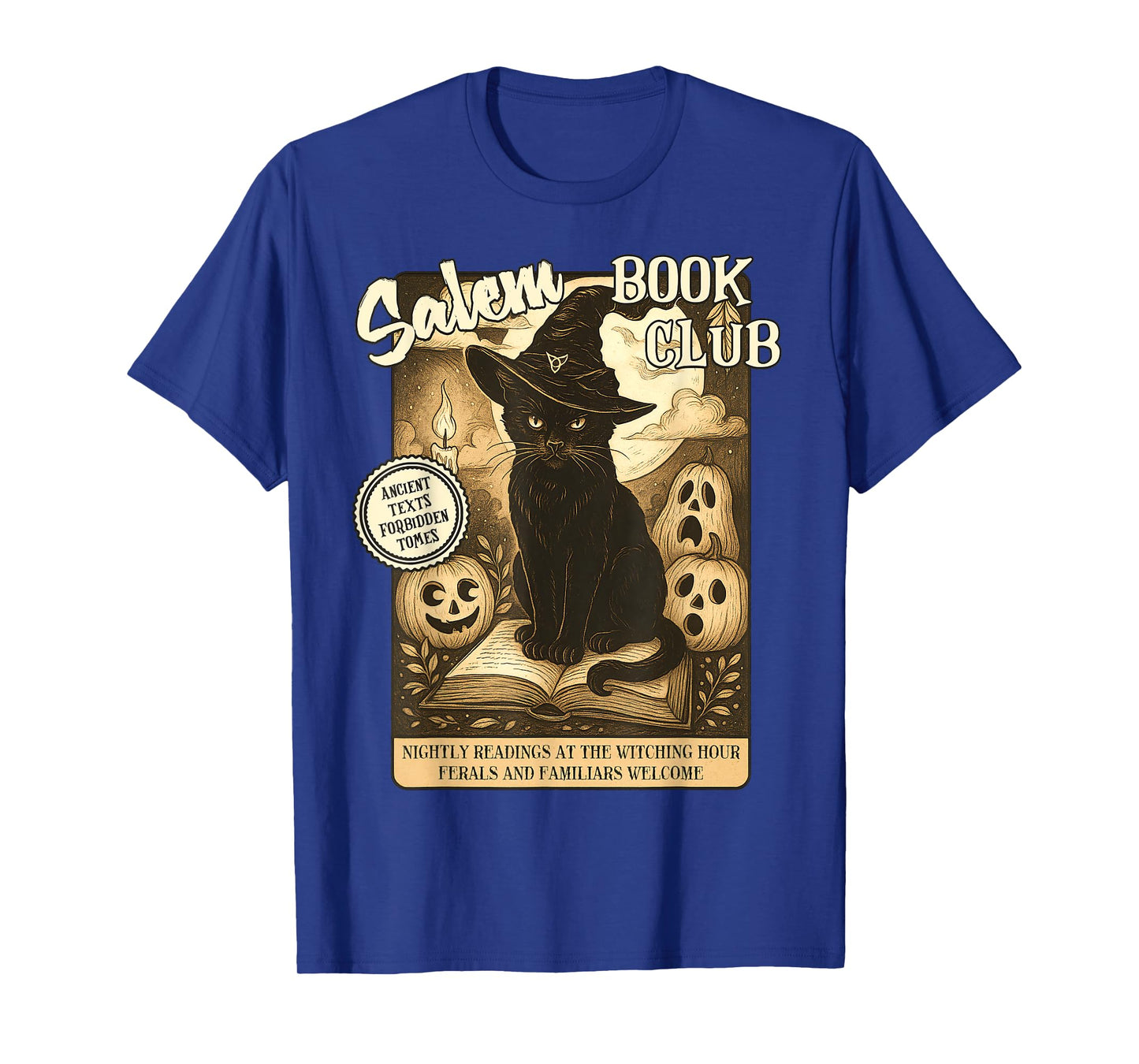 Retro Halloween Black Cat Salem Witch Book Club Bookish Men Women Kids T-Shirt
