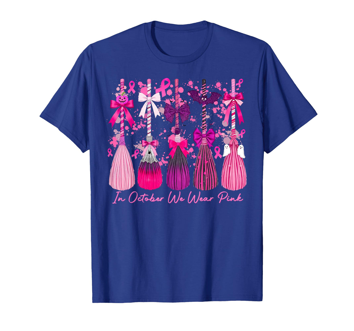 in October We Wear Pink Witch Broom Breast Cancer Halloween T-Shirt