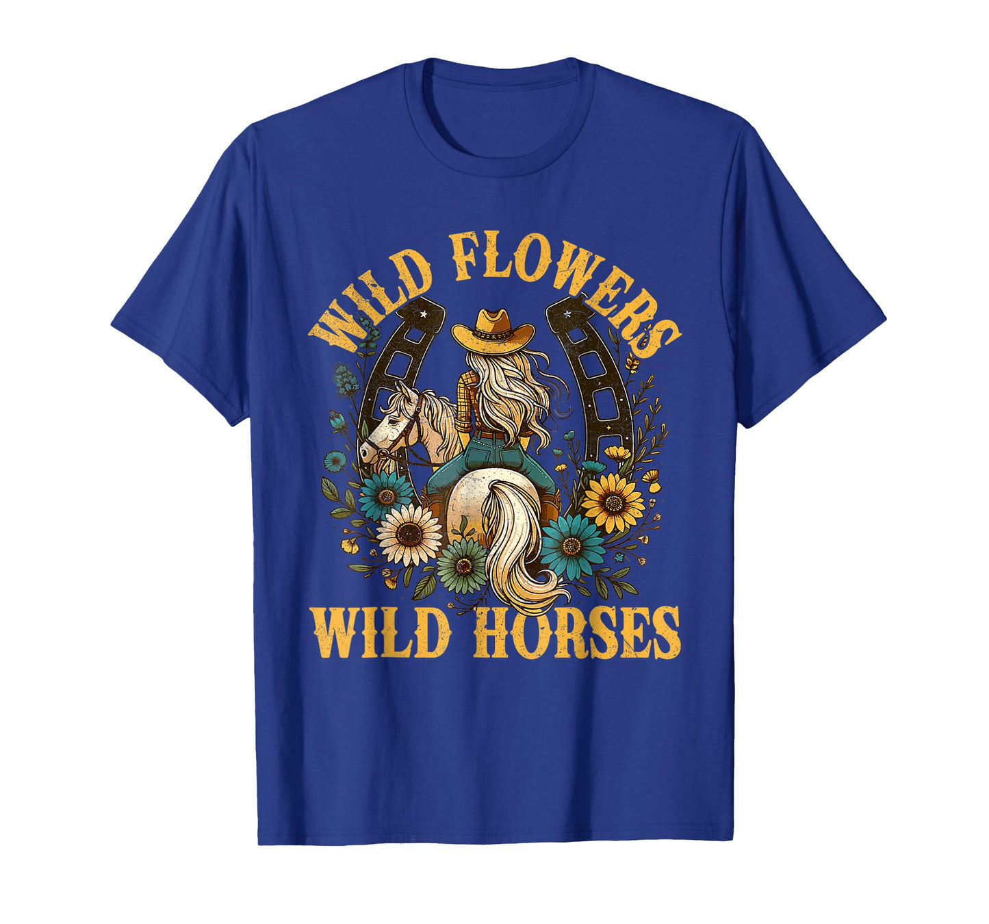 Retro Southern Sunset Cowgirl Wild Flowers Wild Horses T-Shirt
