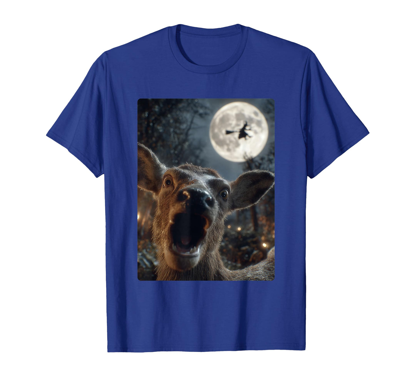 Funny Deer Selfie Full Moon Flying Witch Forest Halloween T-Shirt