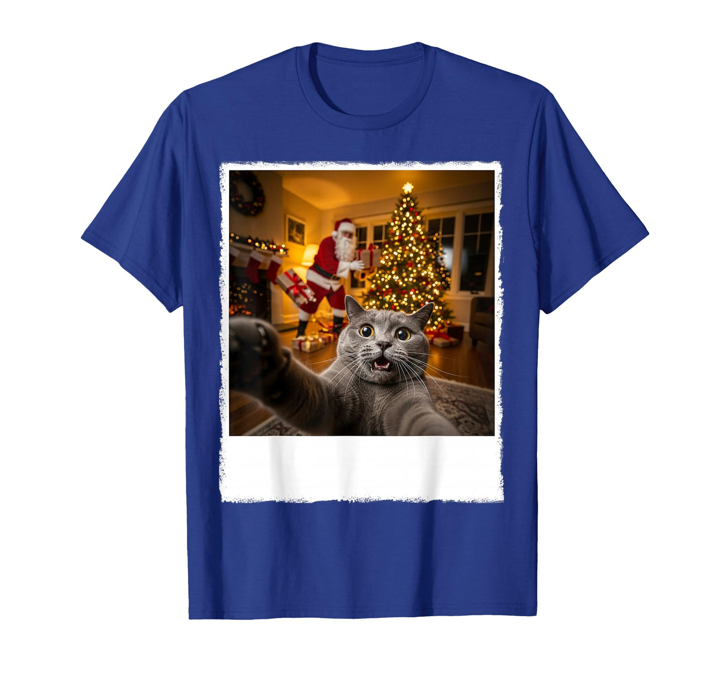 Funny Grey Cat Selfie with Santa Claus Gifts Christmas Night T-Shirt