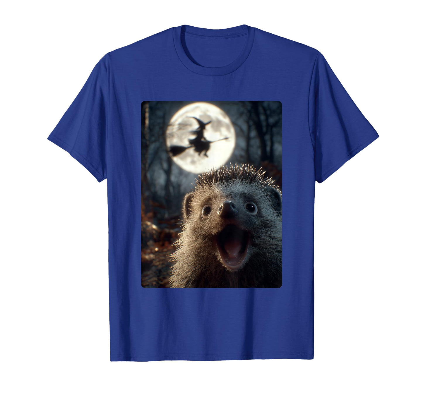 Funny Hedgehog Selfie with Full Moon Flying Witch Halloween T-Shirt