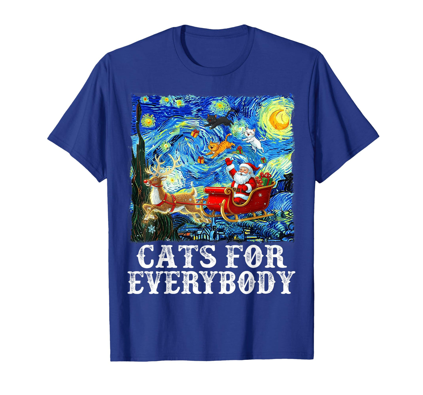 Santa Sleigh Christmas Cats for Everybody Starry Night Xmas T-Shirt
