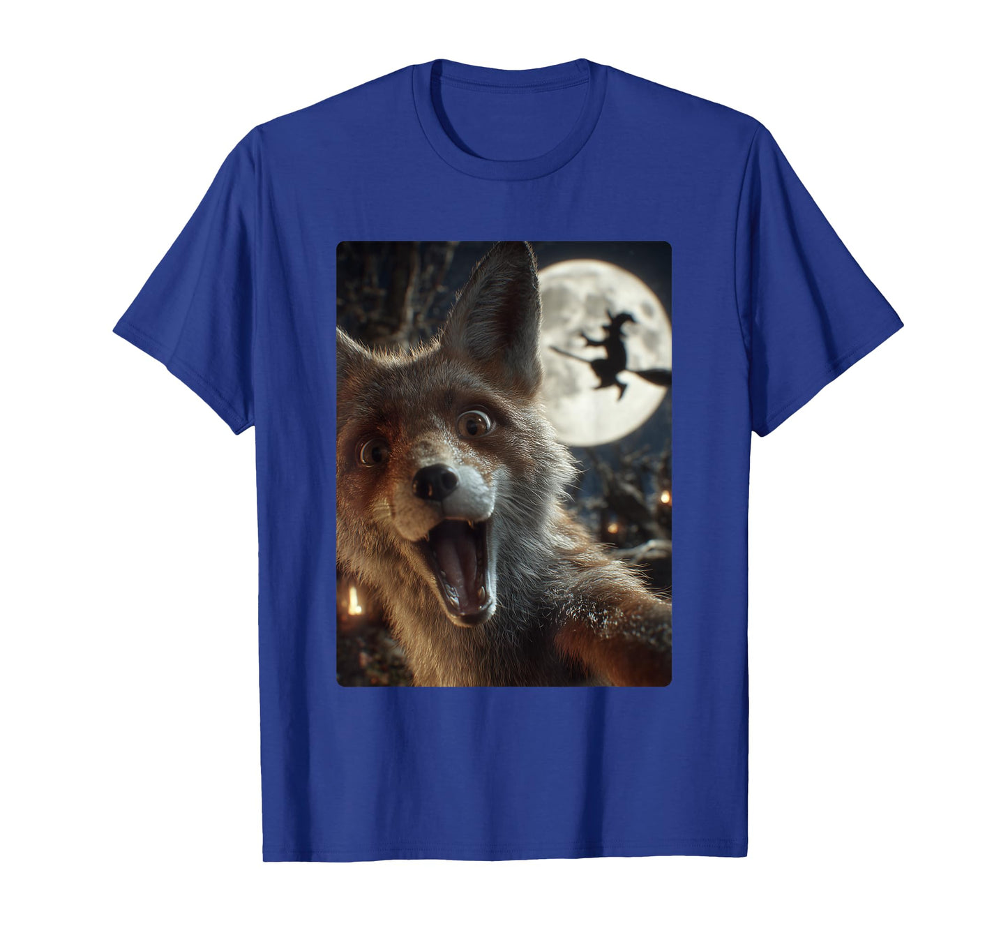 Funny Fox Selfie Full Moon Flying Witch Forest Halloween T-Shirt