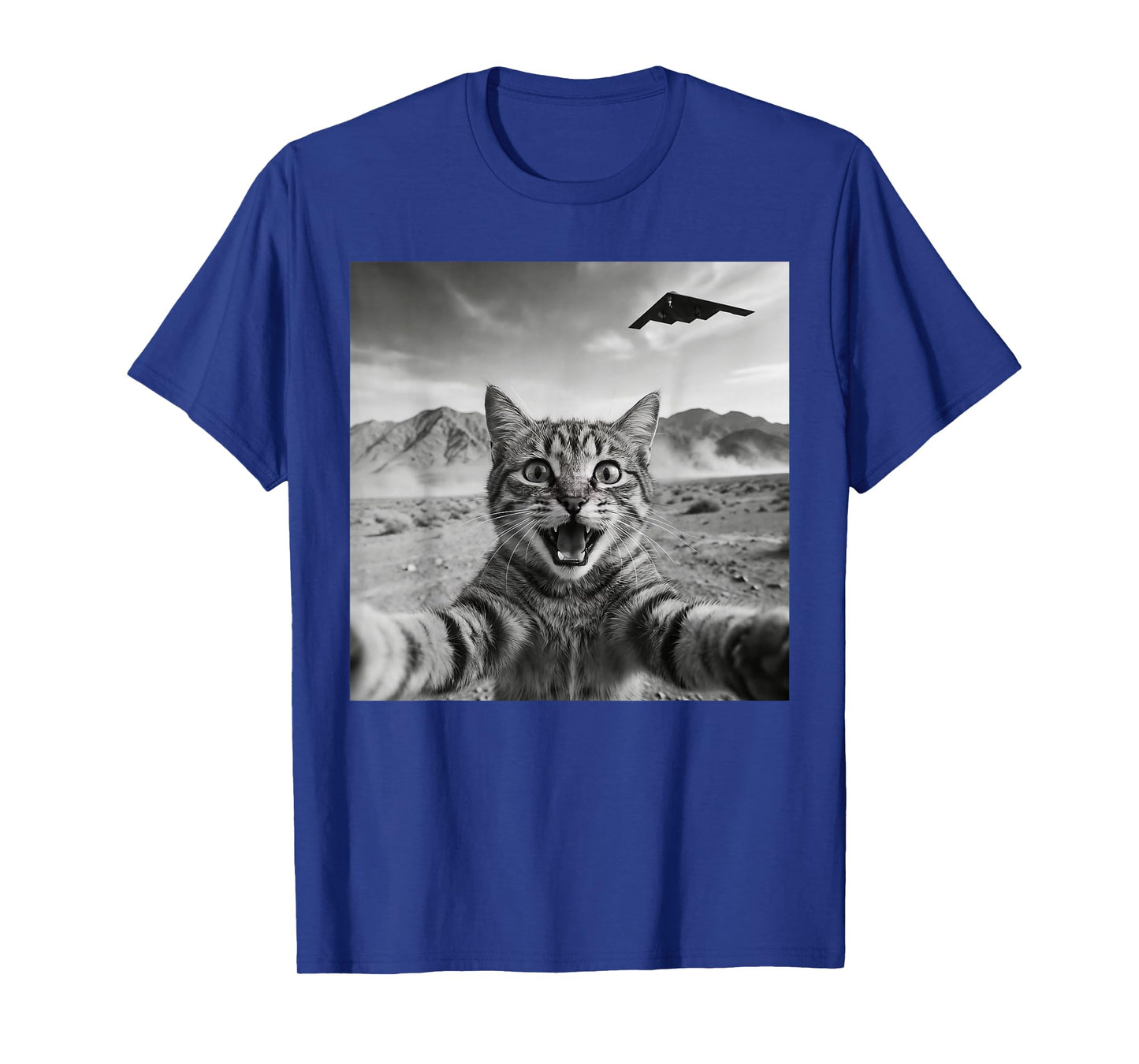 B-2 Bomber Stealth Flyover USA UFO Aircraft Funny Cat Selfie T-Shirt - T-Shirt | Royal