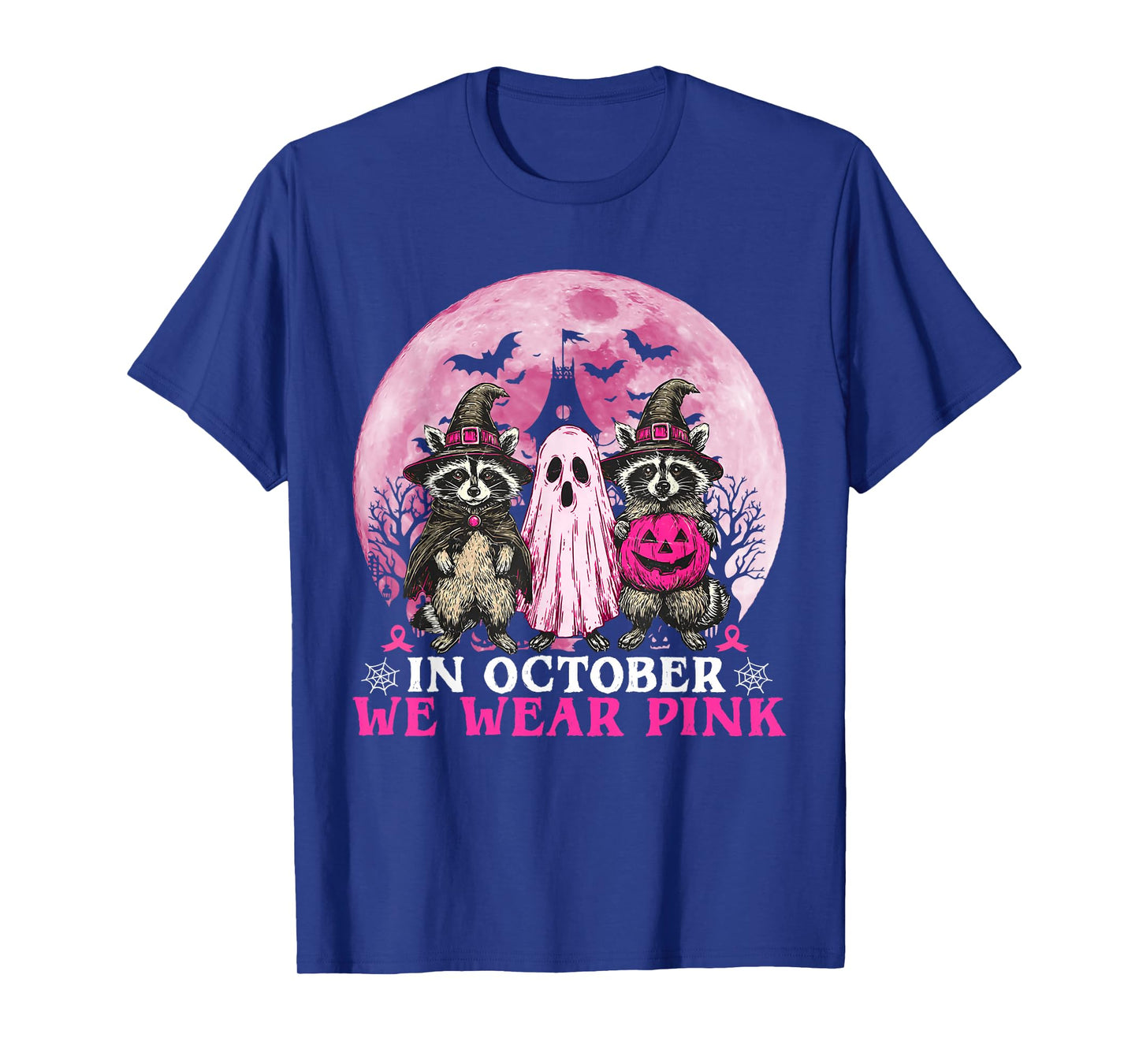 Ghost and Witch Raccoon in October We Wear Pink Halloween T-Shirt
