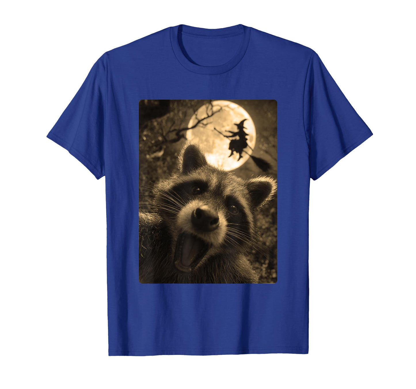 Funny Raccoon Selfie Full Moon Flying Witch Forest Halloween T-Shirt