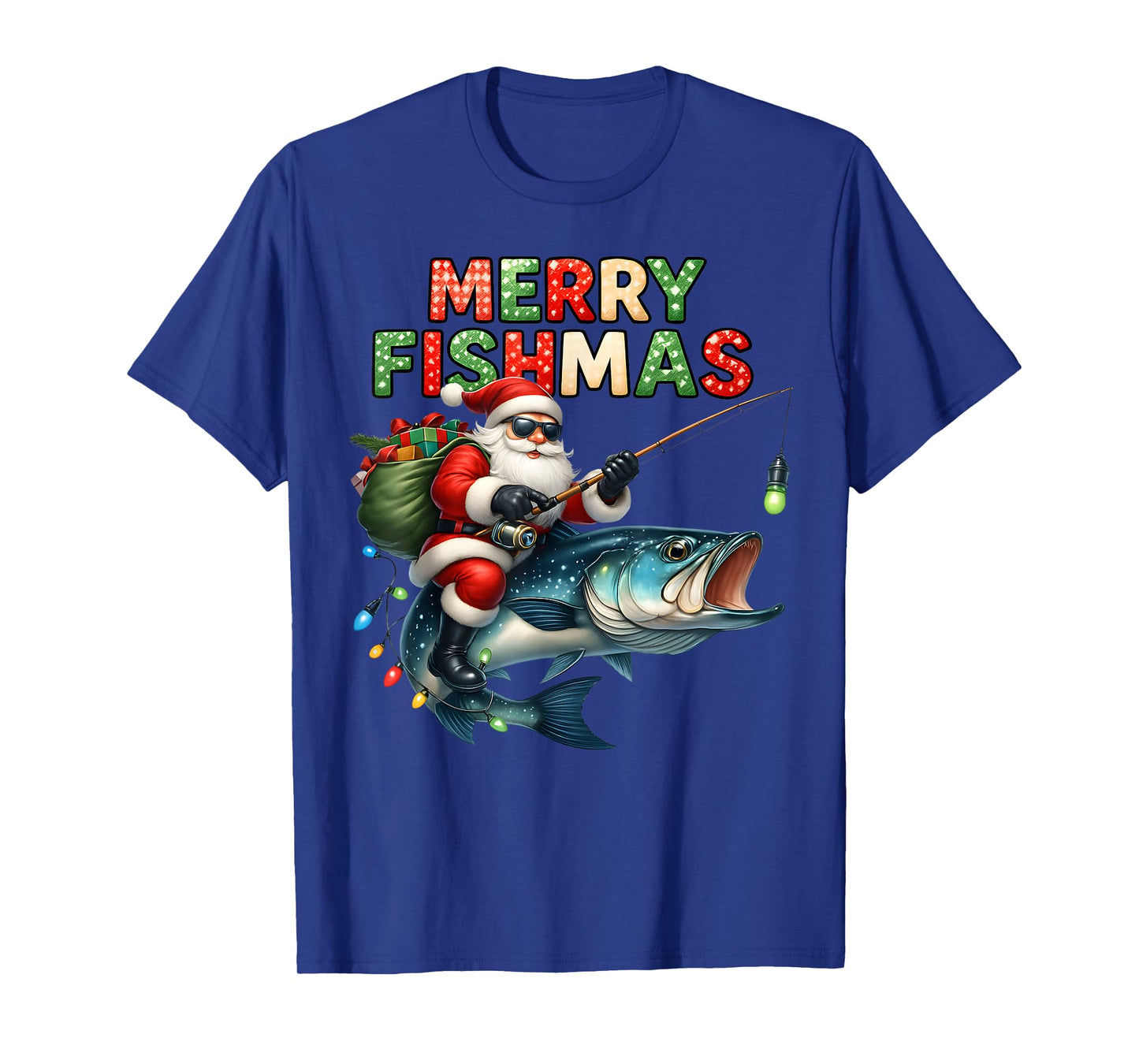 Merry Fishmas Santa Fishing Lovers Funny Christmas Lights T-Shirt