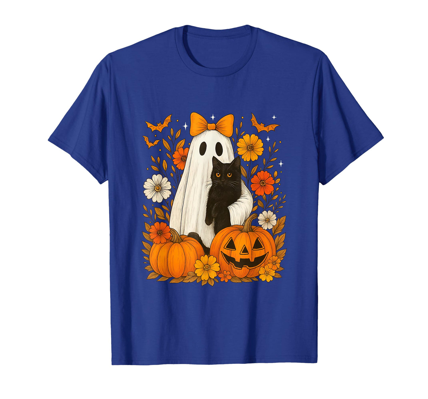 Spooky Ghost Holding Black Cat Groovy Floral Halloween Goth T-Shirt