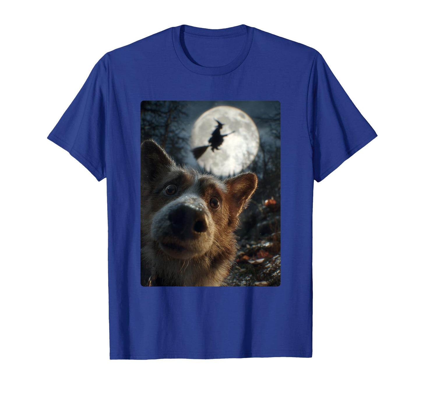 Funny Corgi Selfie with Full Moon Flying Witch Halloween Dog T-Shirt