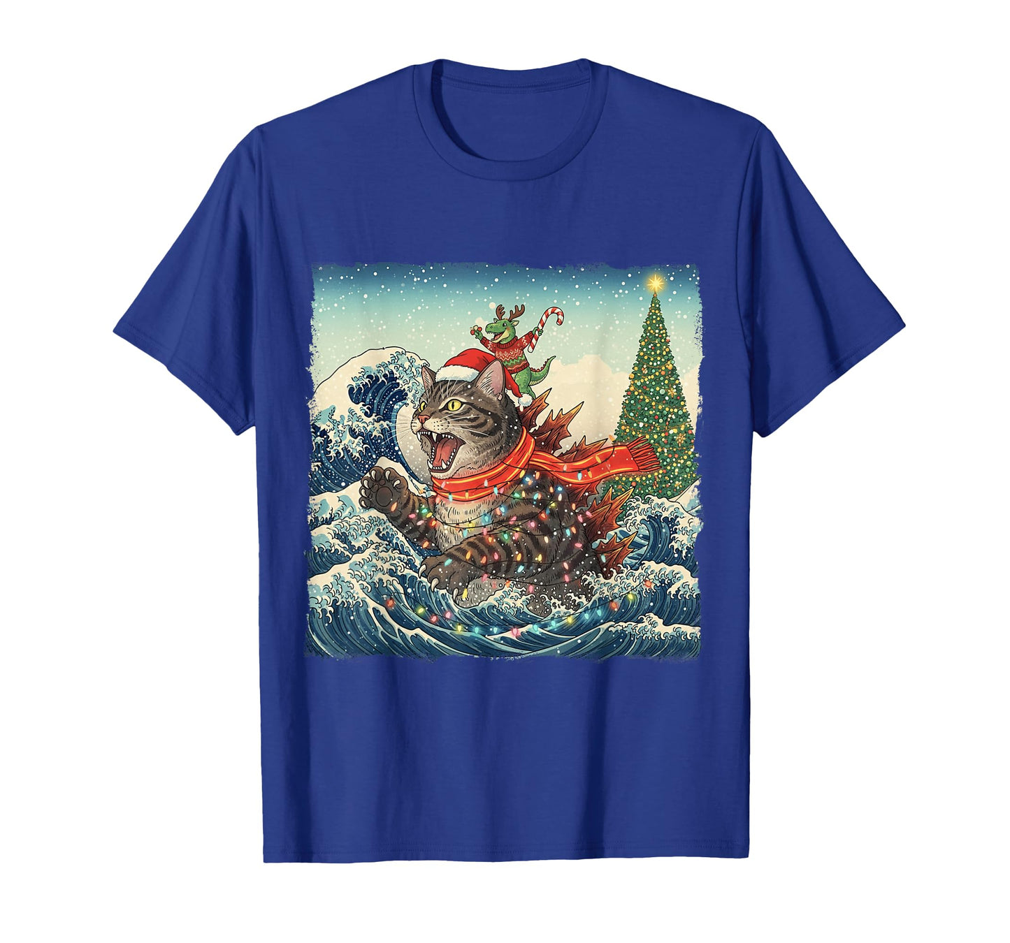 Cat Spooky Catzilla Japanese with Dino T-Rex Christmas Wave T-Shirt