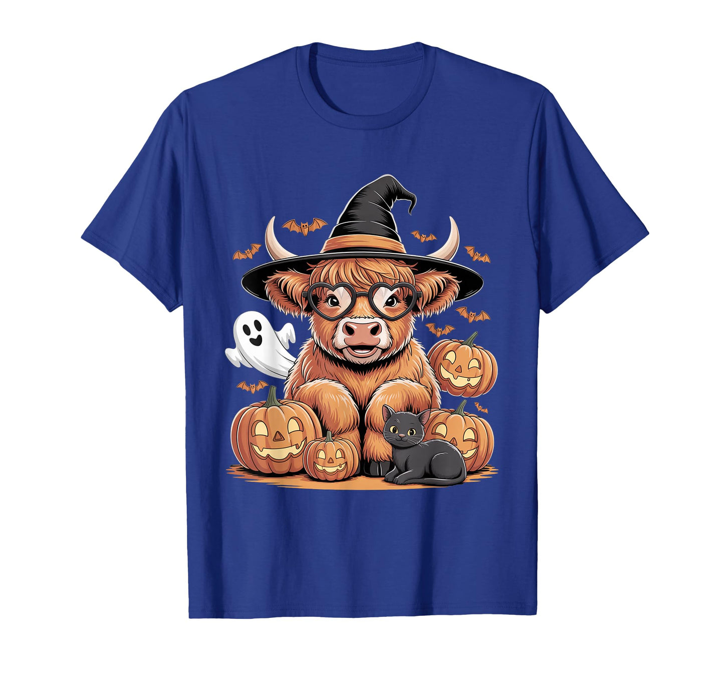 Cute Highland Cow Witch Halloween Pumpkin Black Cat Ghost T-Shirt