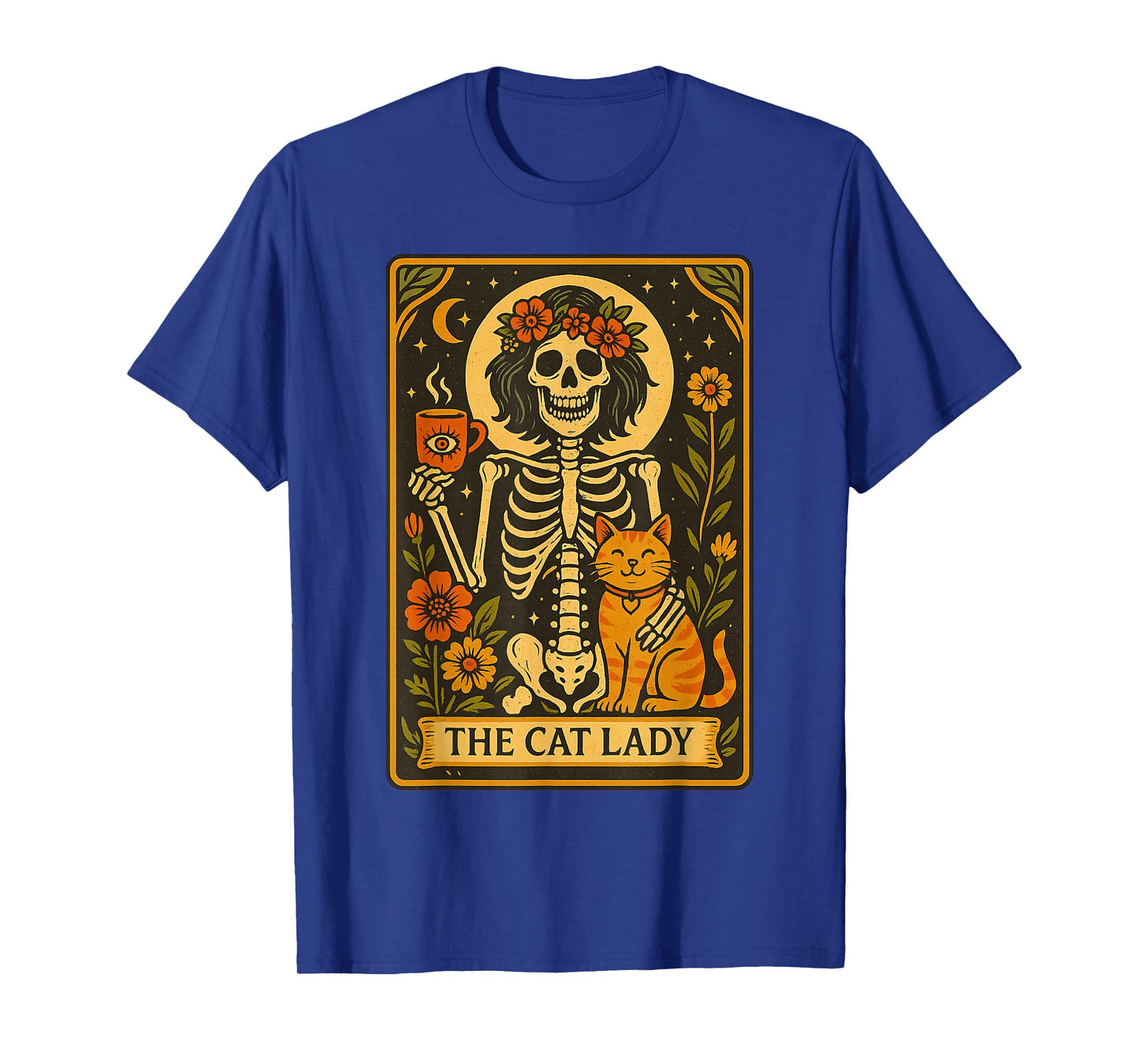 Mystic Skeleton The Cat Lady with Coffee Tarot Card Vibes T-Shirt