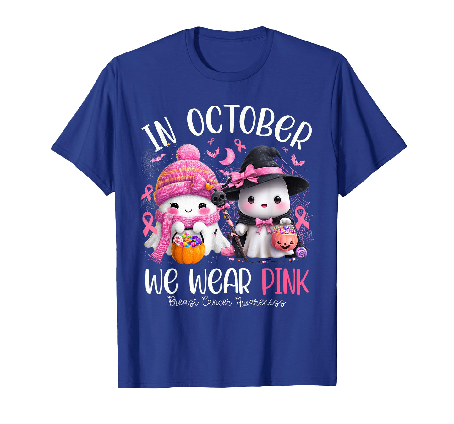 in October We Wear Pink Ghost Witch Breast Cancer Awareness T-Shirt