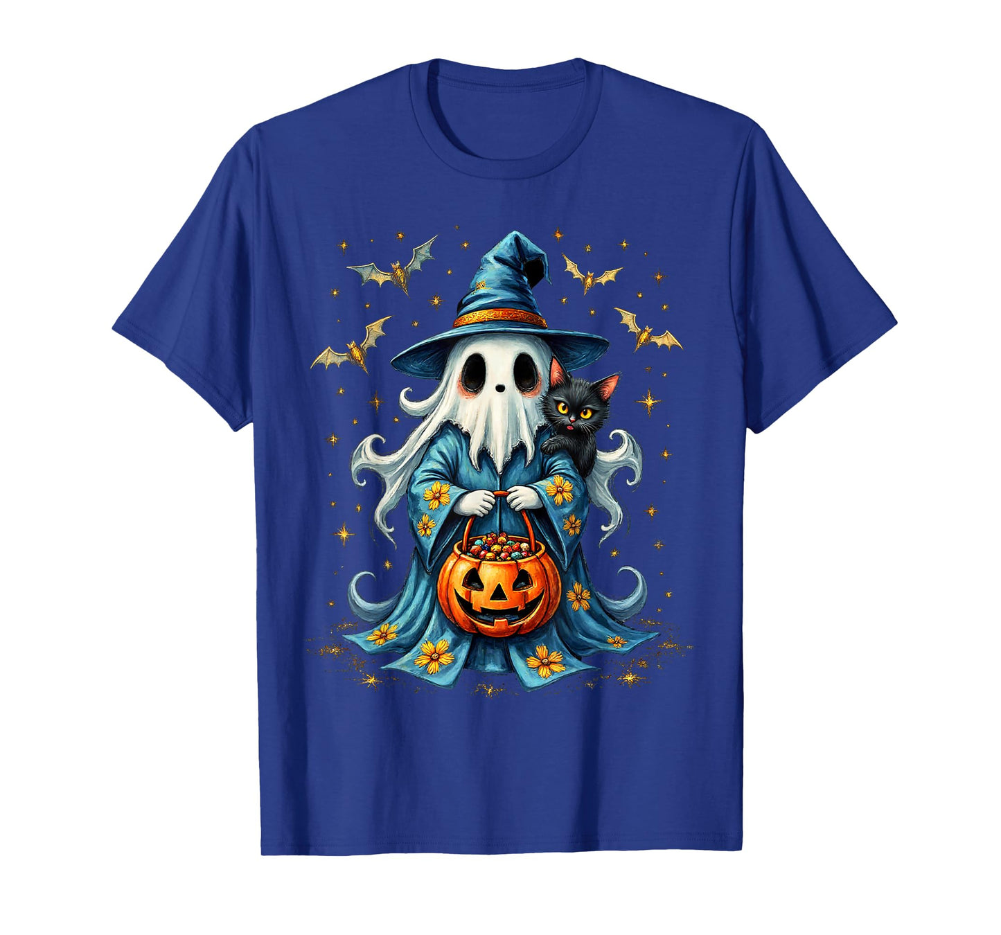 Ghost Holding Black Cat Lover Halloween 2025 Groovy Floral T-Shirt