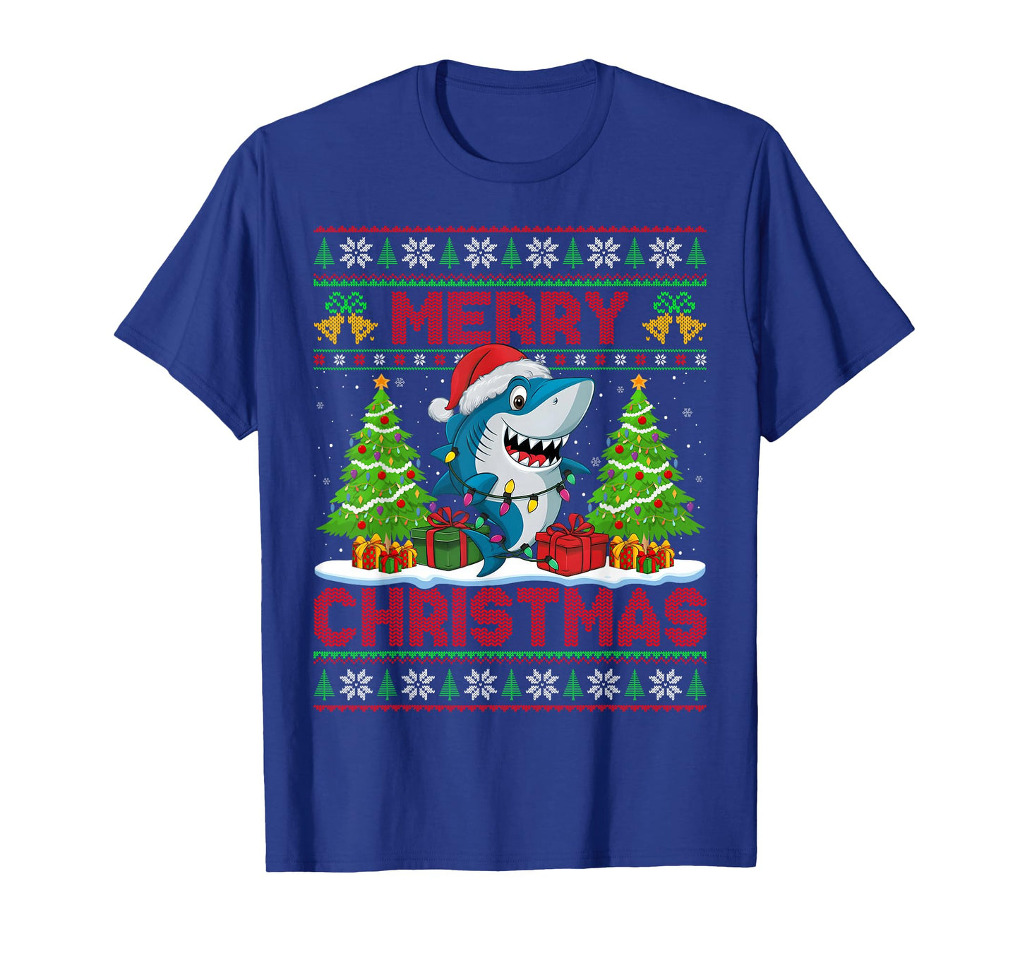 Shark Ugly Christmas Sweaters Funny Santa Hat Lights Xmas T-Shirt