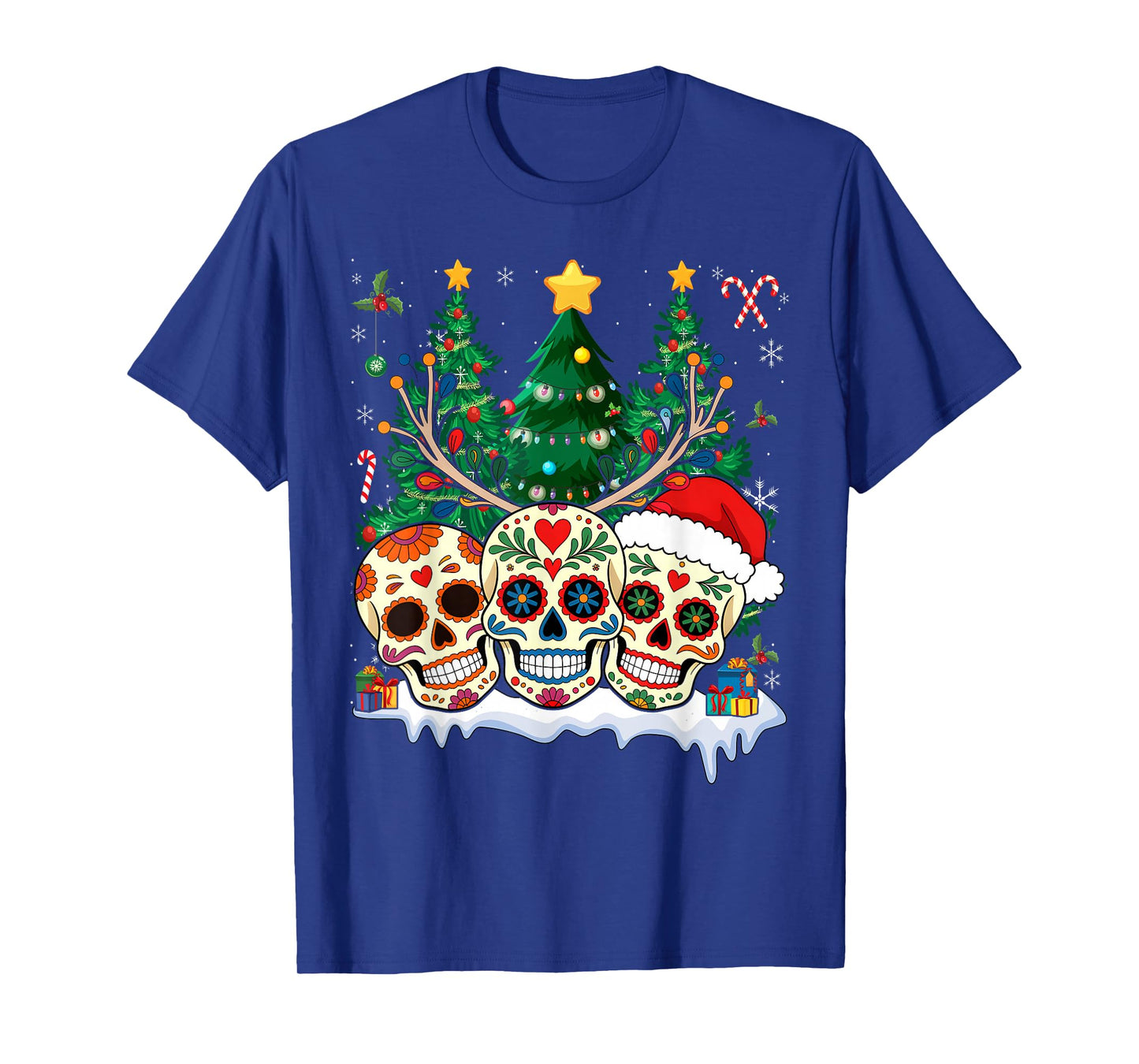 Sugar Skulls Reindeer Santa Fun Christmas Mexican Latin T-Shirt