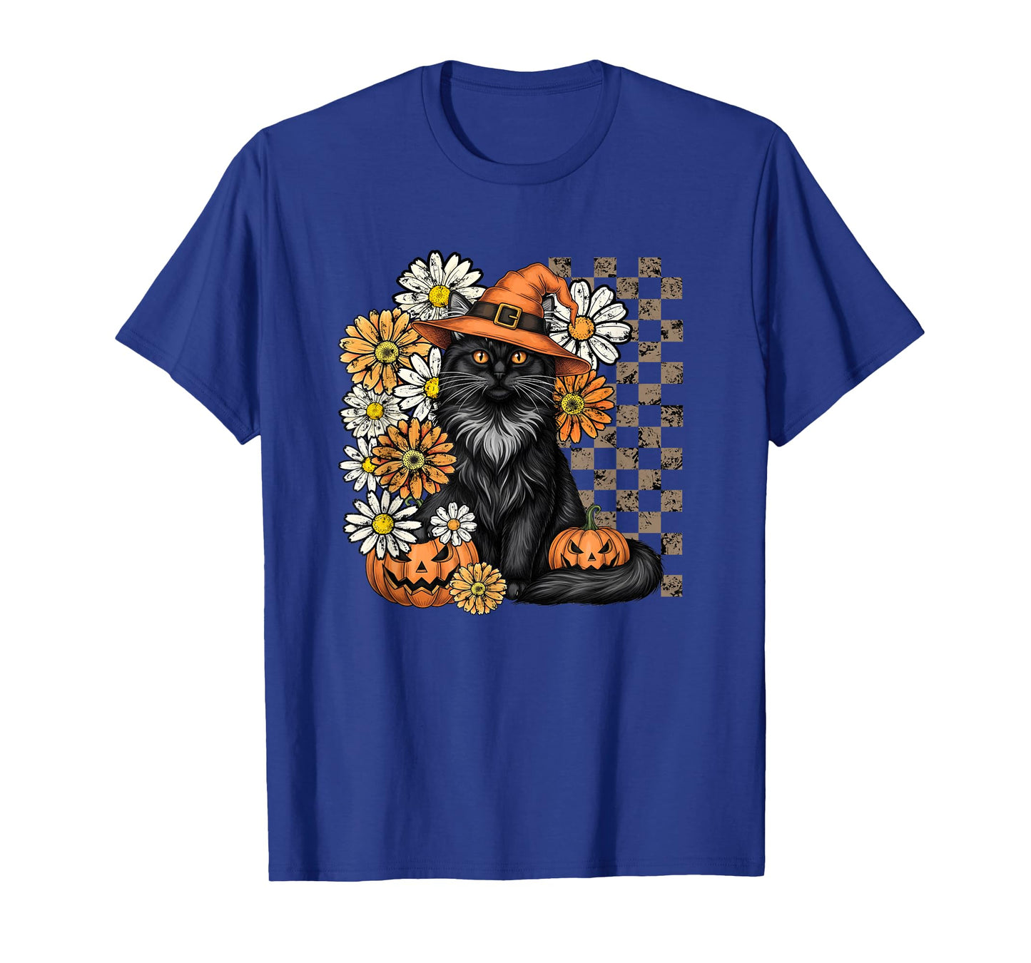 Halloween Black Cat Witch Checkered Print Fall Floral T-Shirt