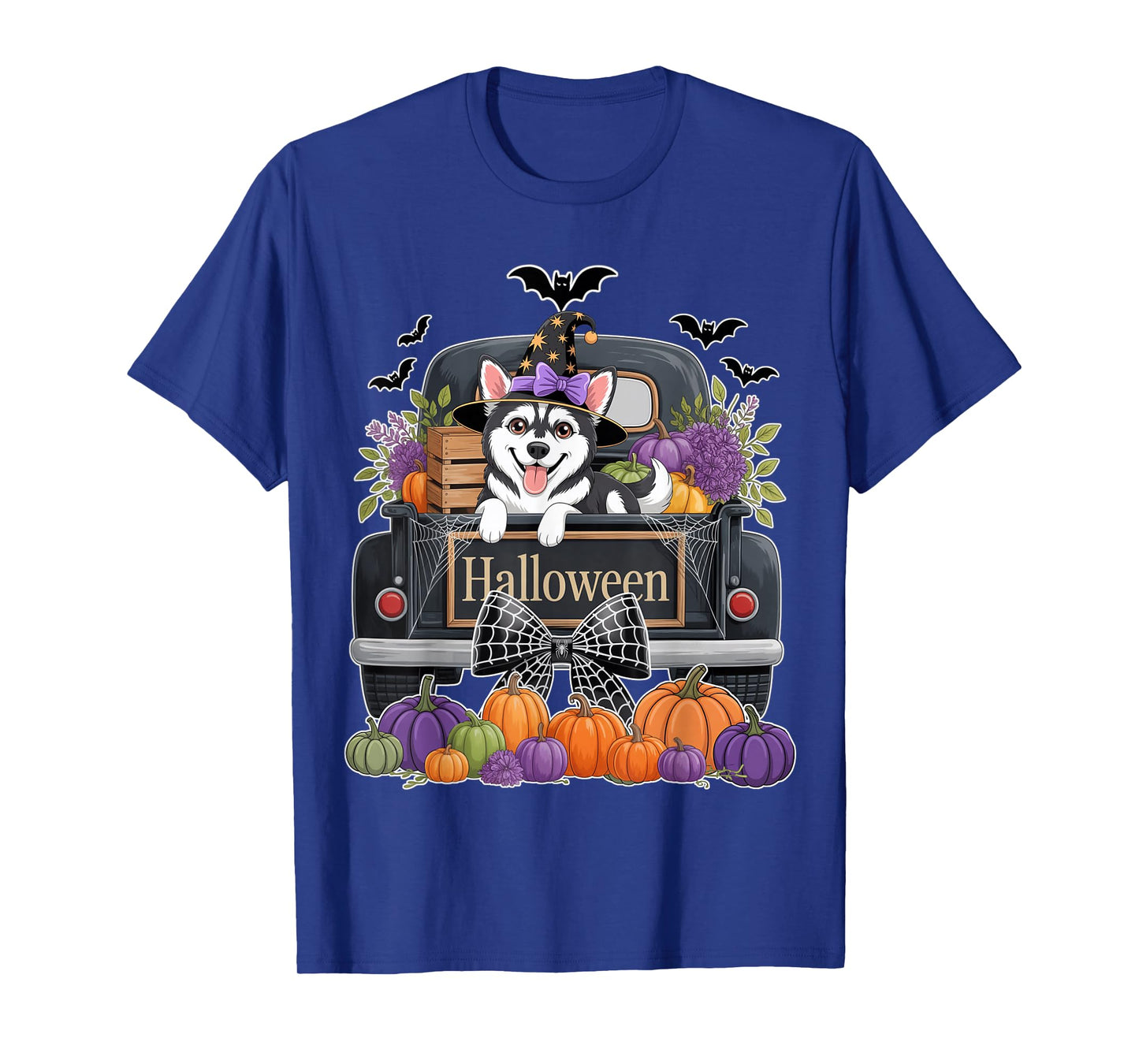 Siberian Husky Witch Hat Truck Pumpkin Dog Lovers Halloween T-Shirt