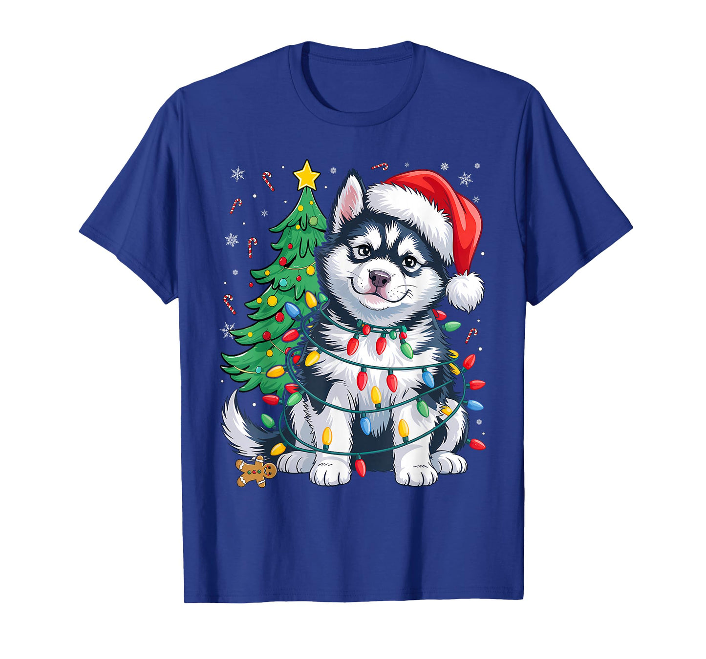 Siberian Husky Santa Christmas Tree Lights Xmas Boys Dog T-Shirt