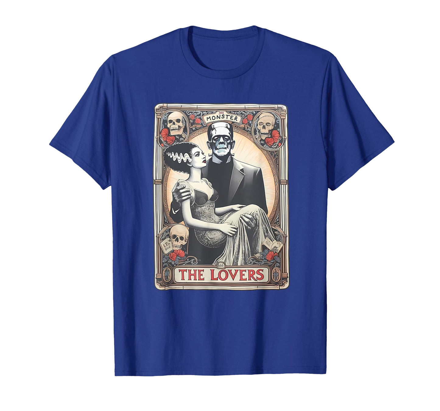 Retro Halloween Frankenstein Tarot Card T-Shirt - Unisex Adults - Black - Small - Short Sleeve - Regular Fit - Cotton 100%, Polyester Blend - Halloween, Retro, Couples, Tarot Card Fans, Unisex