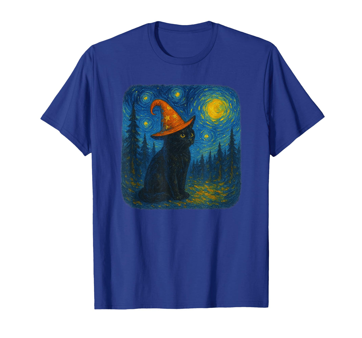 Funny Black Cat Witch Hat Starry Night Halloween Parody Art T-Shirt