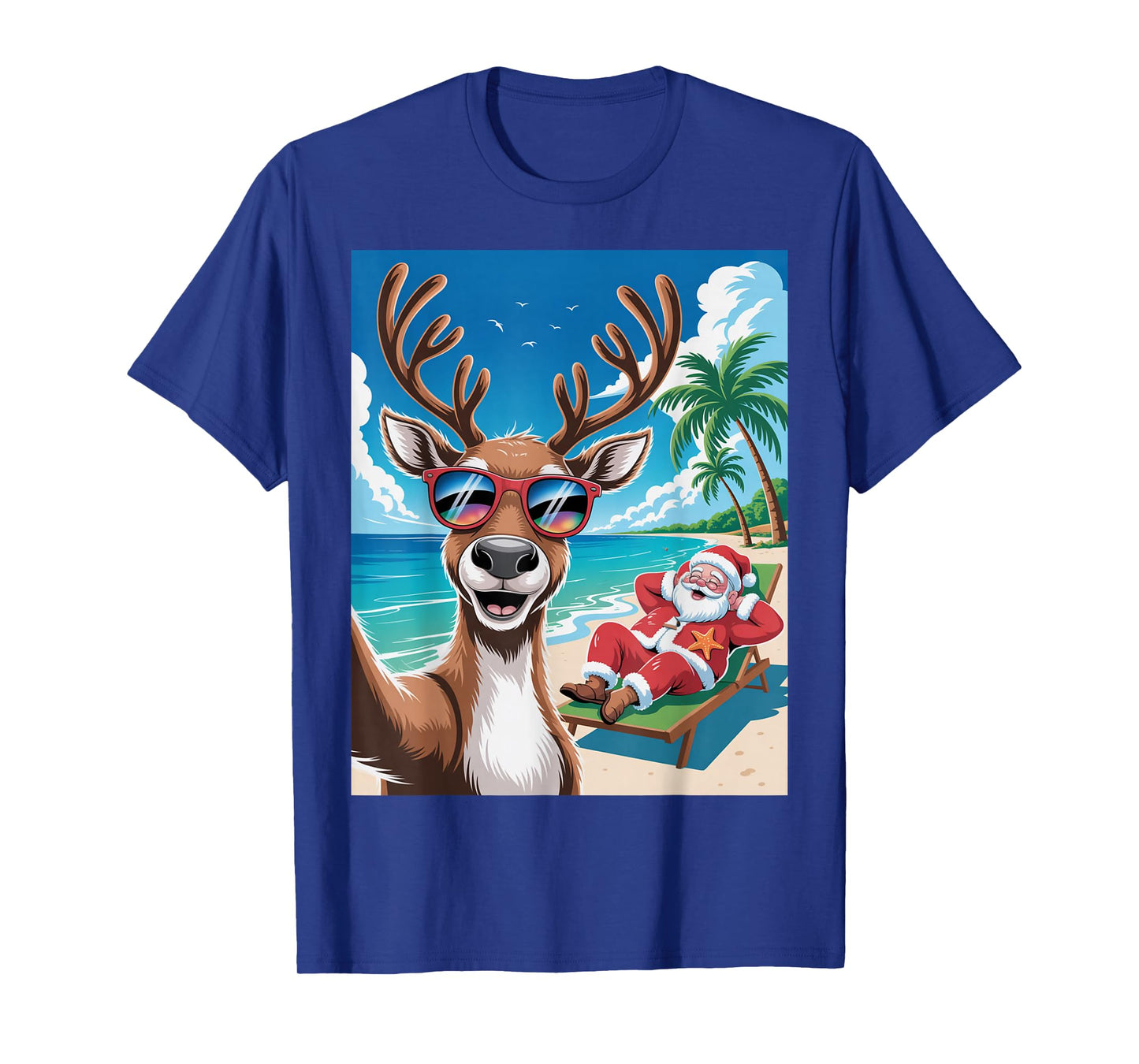 Funny Reindeer Selfie Christmas Beach Santa Vibe T-Shirt
