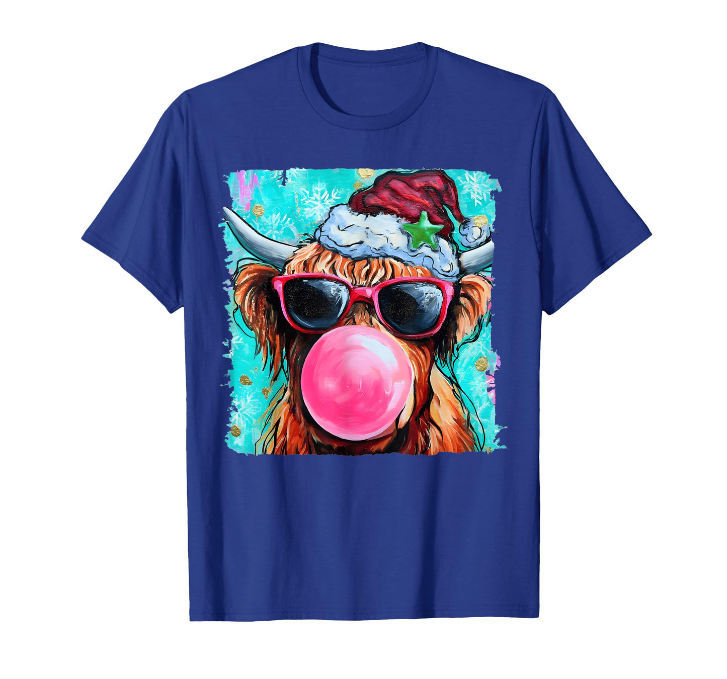 Christmas Highland Cow Heifer Merry Christmas Bubble Gum T-Shirt