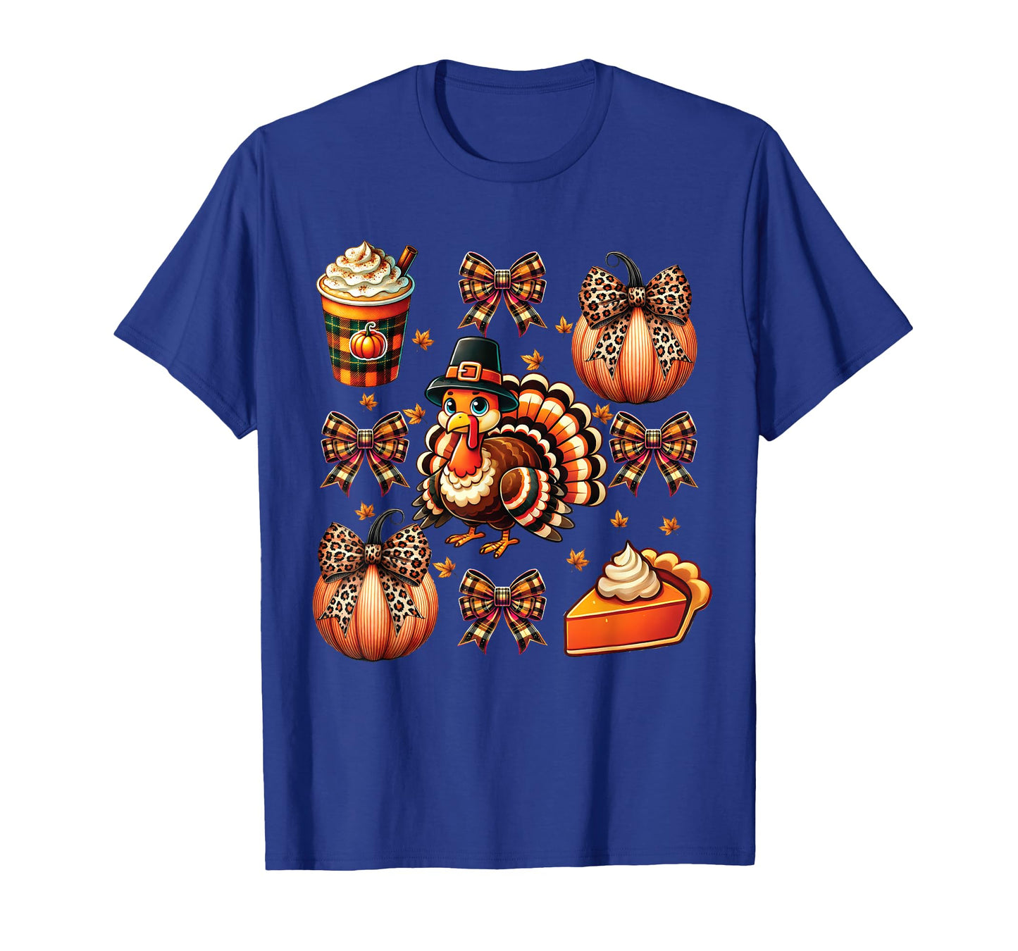 Turkey Drinking Coffee Bow Thanksgiving Womens Turkey Day T-Shirt