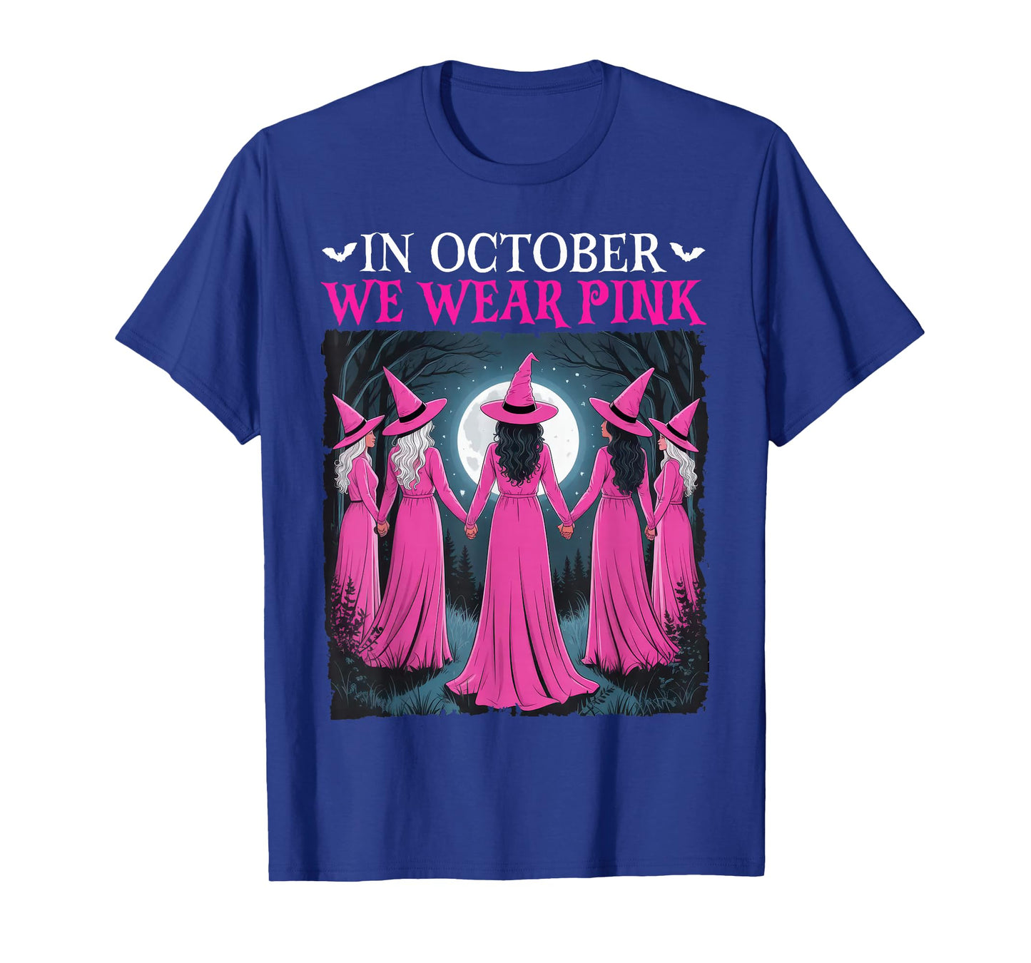 in October We Wear Pink Witch Halloween Breast Cancer Women T-Shirt