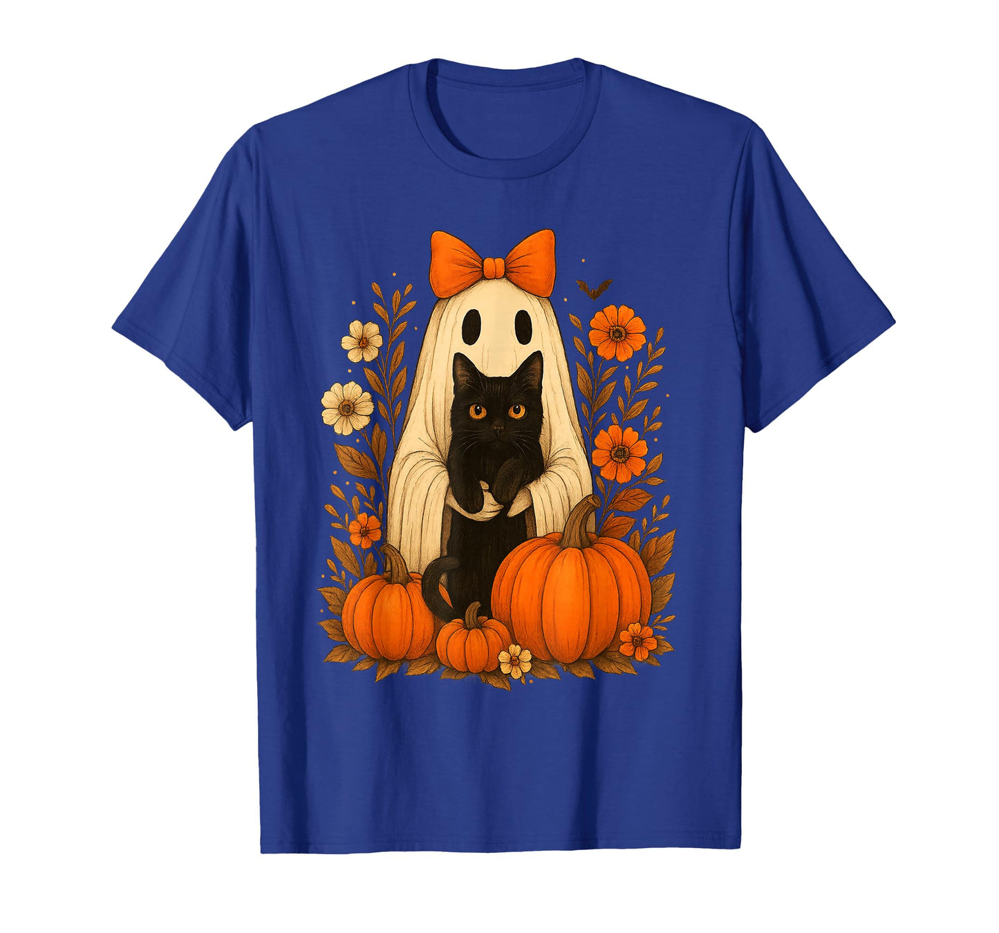 Vintage Halloween Ghost Holding Black Cat Groovy Floral T-Shirt