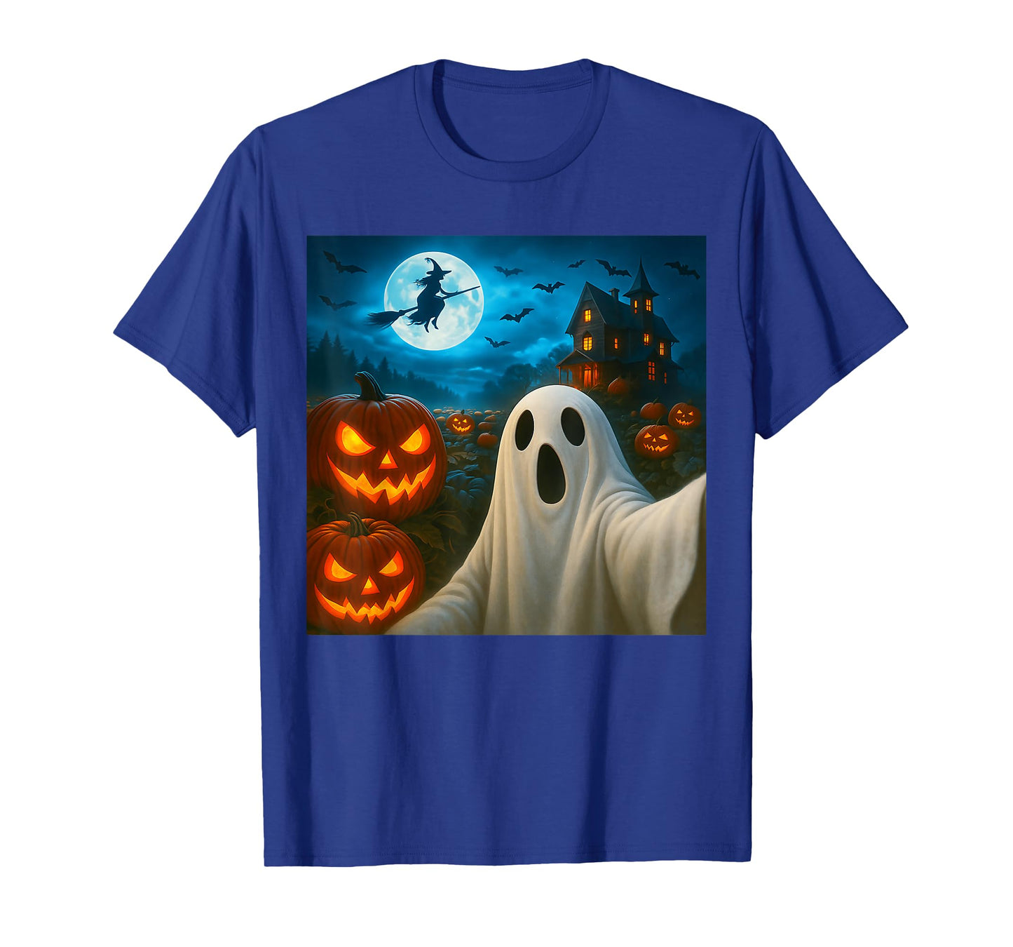 Funny Halloween Ghost Selfie with Spooky Pumpkins Men Women T-Shirt
