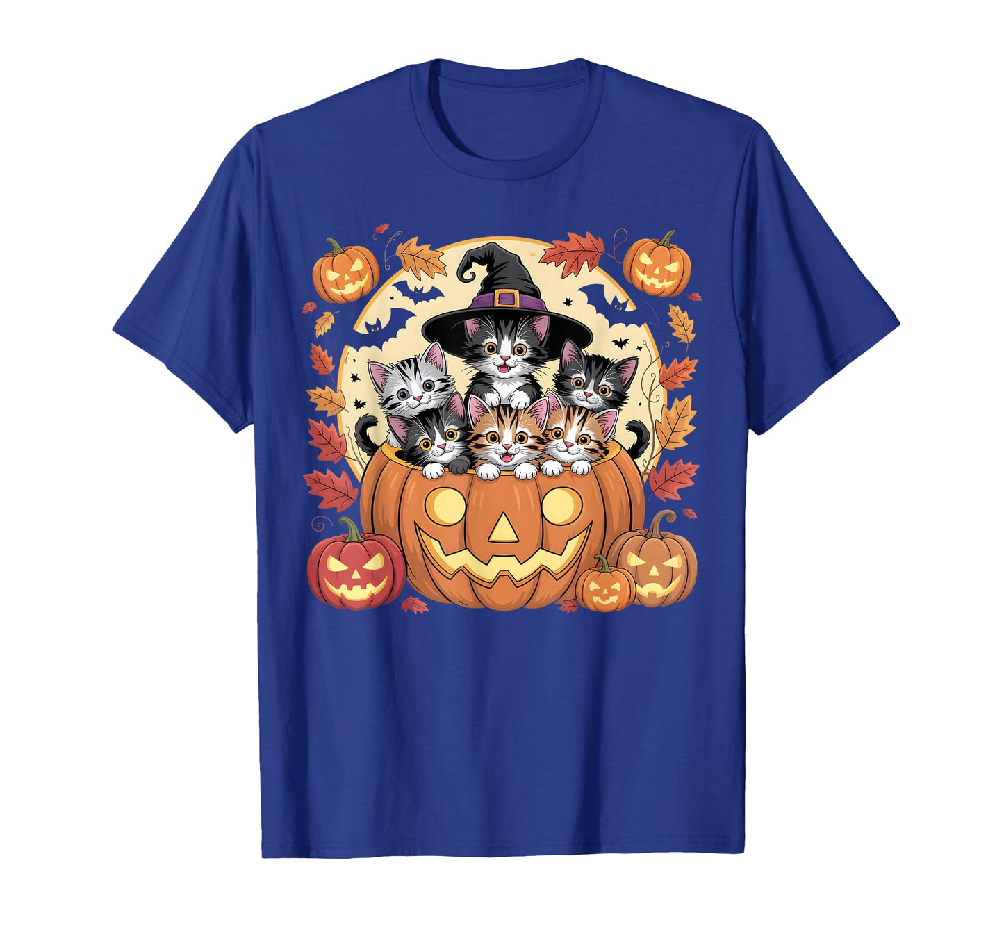 Cute Halloween Kittens in Pumpkin with Witch Hat and Bats T-Shirt