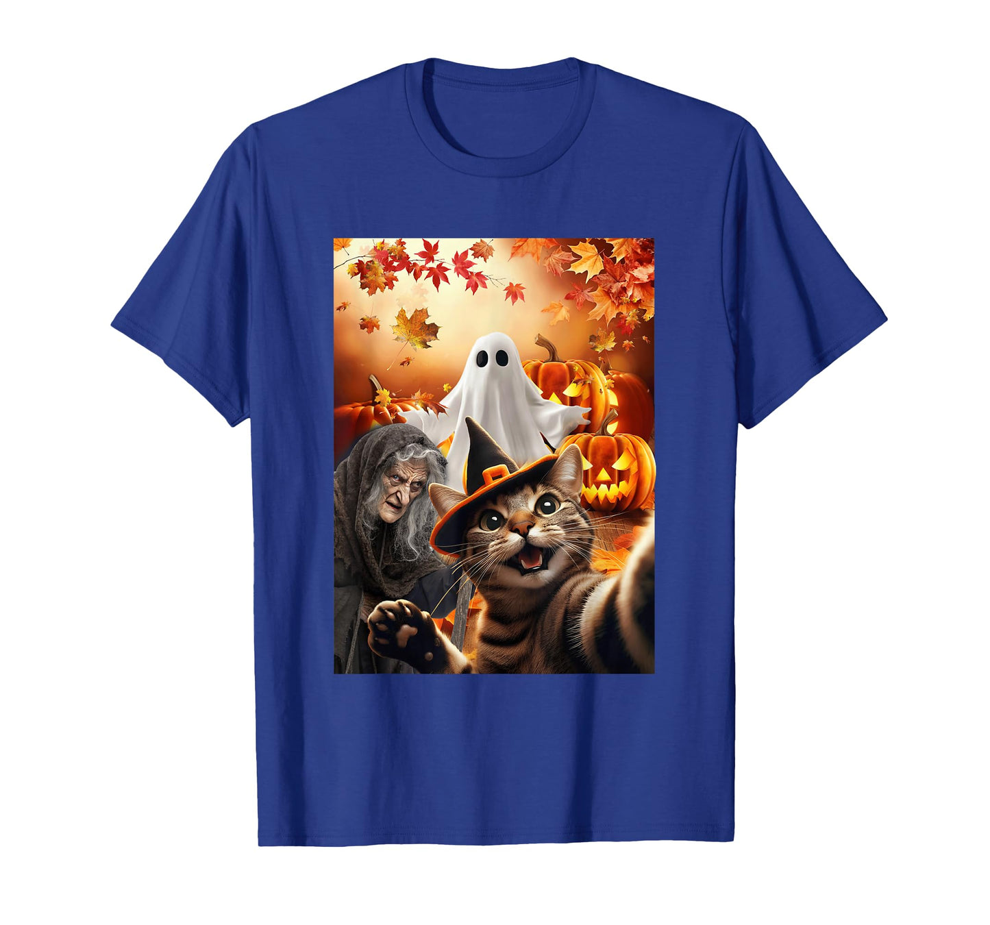 Funny Halloween Cat Selfie Ghost Witch Pumpkin Autumn Leaf T-Shirt