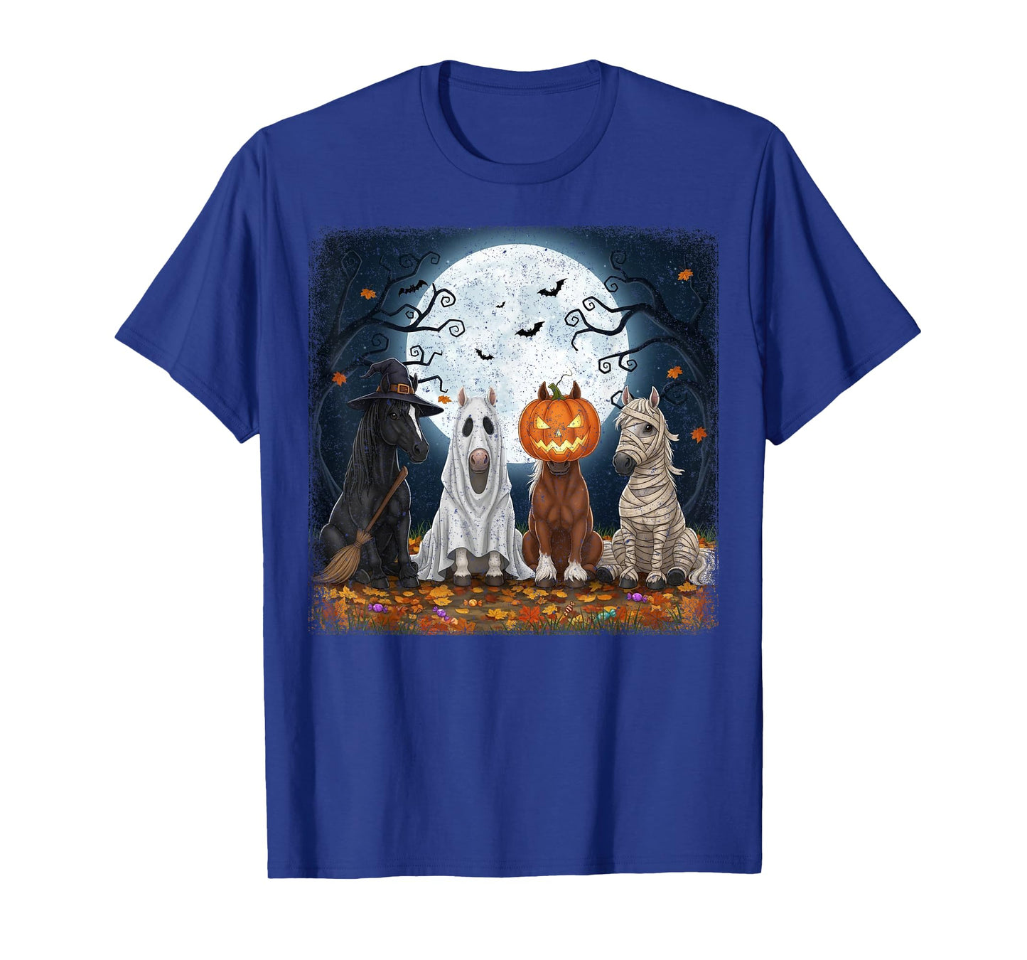 Halloween Horses with Ghost Pumpkin and Witch Hat Design T-Shirt