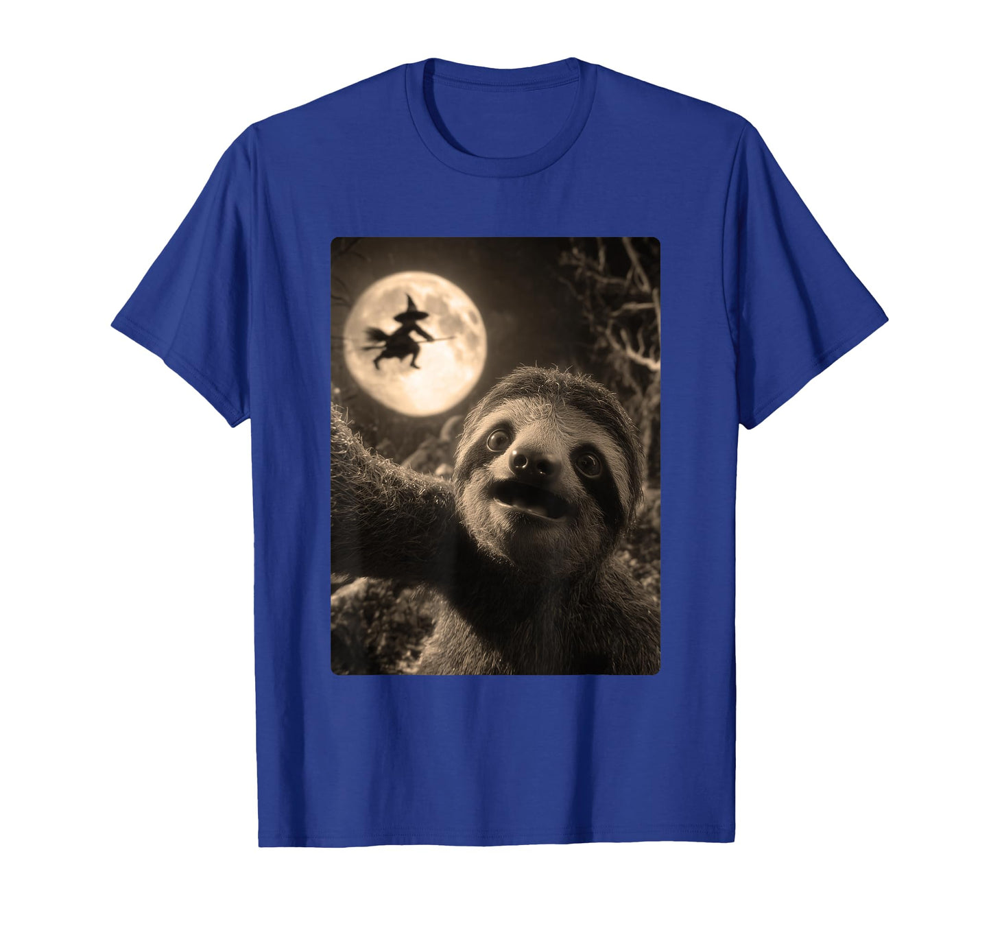 Funny Sloth Selfie Full Moon Flying Witch Forest Halloween T-Shirt
