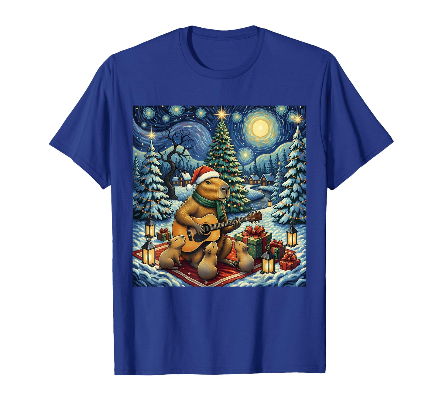 Capybara Playing The Guitar Van Gogh Style Christmas Themed T-Shirt