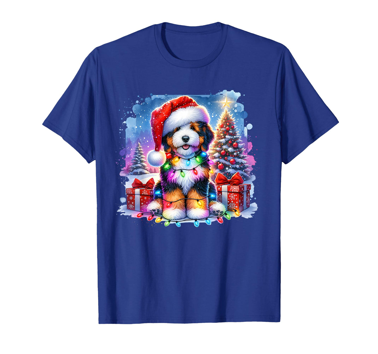 Festive Bernedoodle Dog Santa Hat Christmas Tree Lights T-Shirt