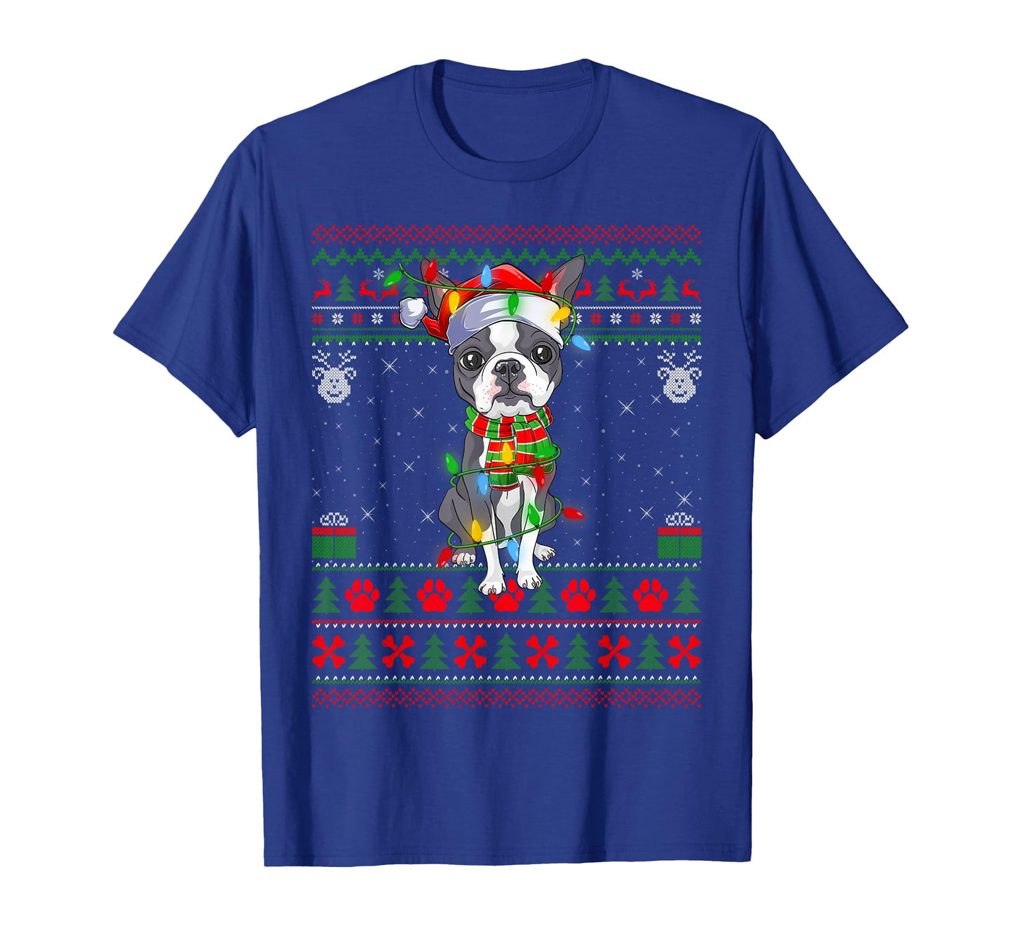 Boston Terrier Dog Ugly Christmas Sweaters Lights Dog Xmas T-Shirt
