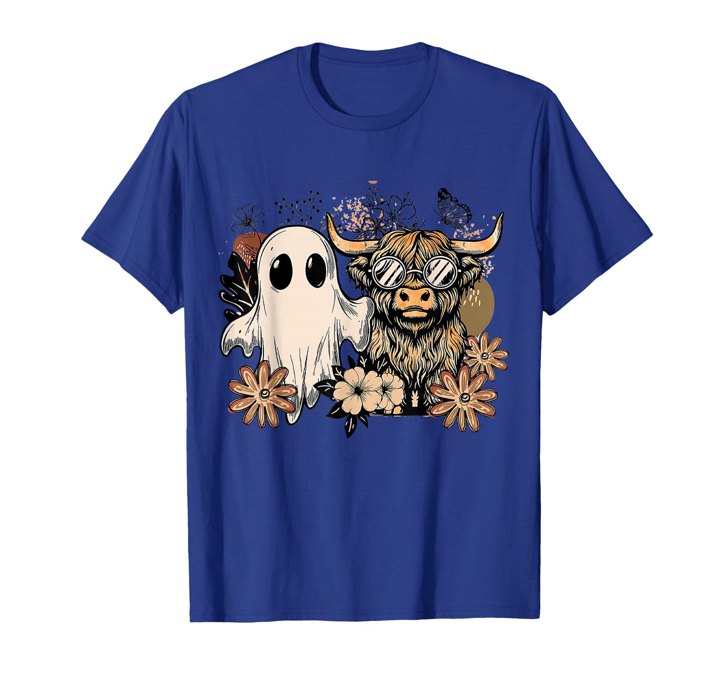 Floral Fall Highland Cow Ghost Boho Pumpkin Halloween T-Shirt