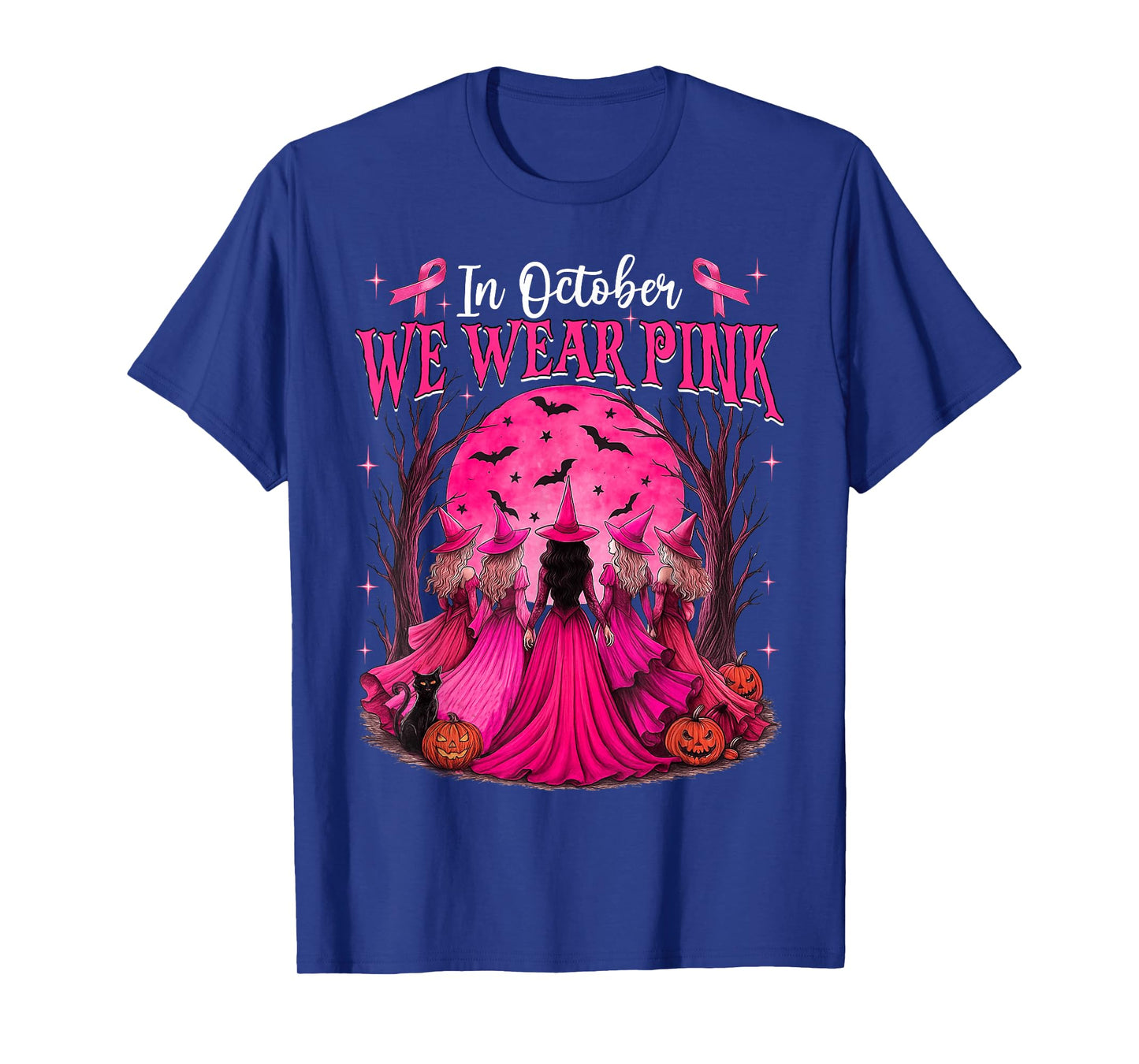 in October We Wear Pink Witch Halloween Breast Cancer Women T-Shirt